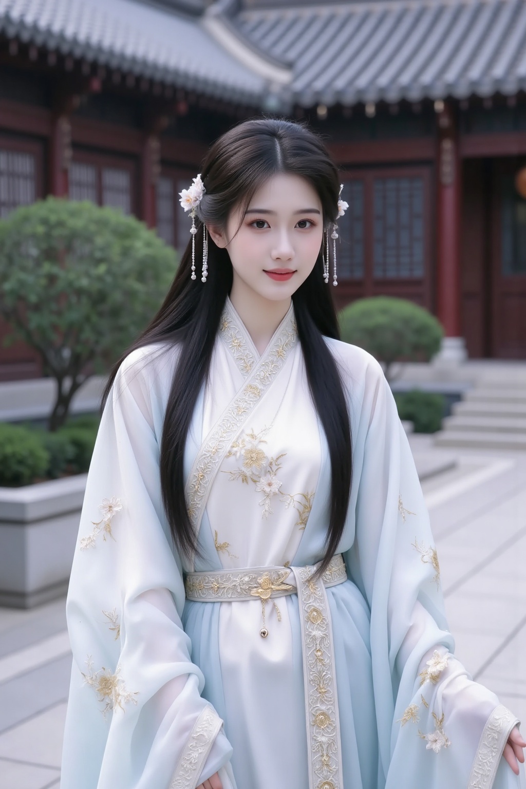 ancient costume,This photo captures a young Asian woman standing in a ******** courtyard. She has fair skin and long straight black hair adorned with delicate floral hair accessories. Her attire is a traditional Chinese dress characterized by its ethereal and flowing design. The dress is primarily white with subtle blue undertones and intricate embroidery featuring golden floral patterns. It has a high collar and long sleeves, draping elegantly. A wide decorative sash cinches at the waist, adding a touch of formality. The woman wears a gentle smile, her expression conveying a sense of calm and contentment. She adorns a simple necklace with a small pendant, adding an element of elegance to her outfit.