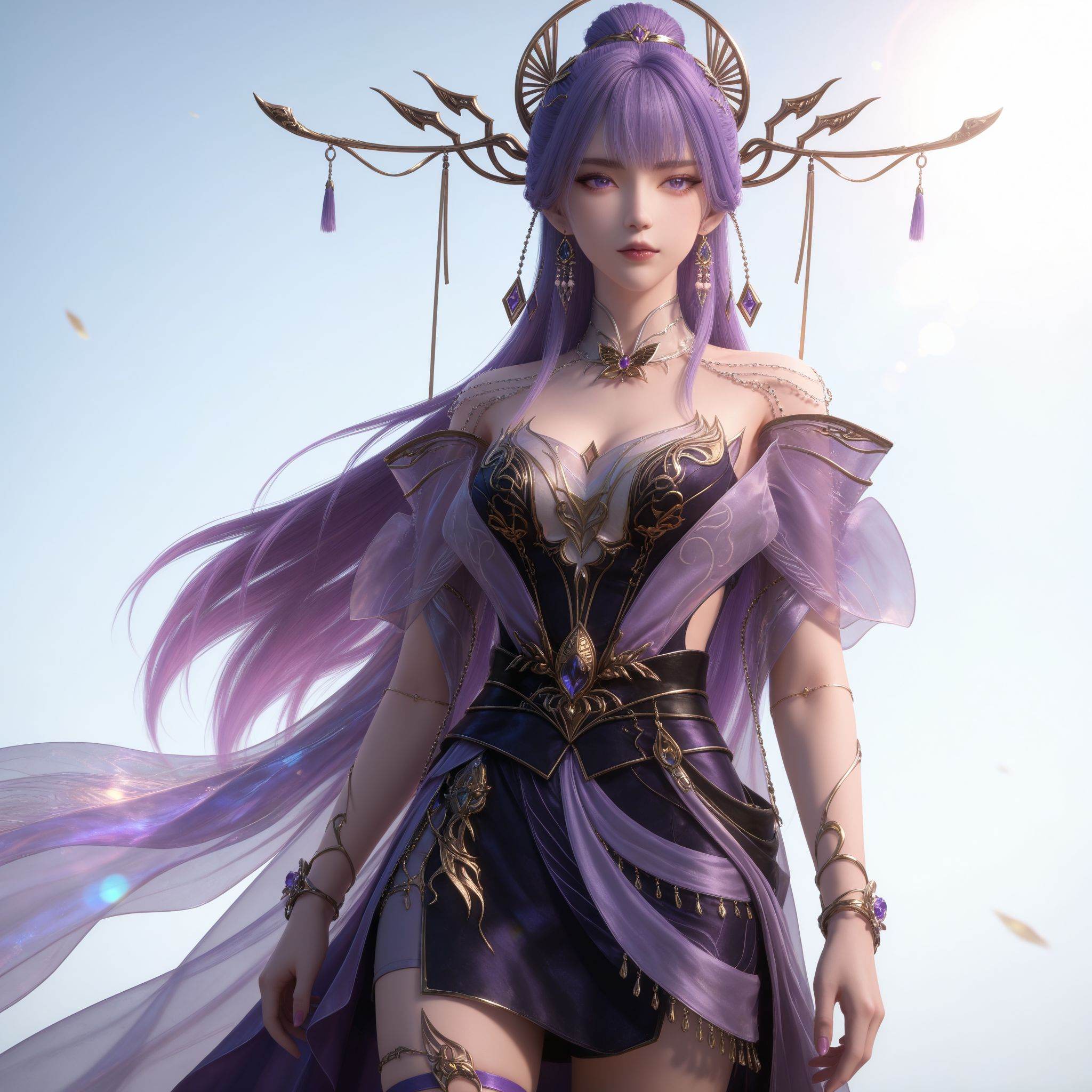 Nai3 style,realistic style photo,outstanding style,Use soft lighting to cast gentle shadows on the subject,adding a touch of dimension to your images without compromising details,whirls of vapor,(Anime:1.1),soft neon light,ethereal ambiance,delicate details,magical atmosphere,concept art,highly detailed,ultra-high resolution,32K UHD,sharp focus,best-quality,masterpiece,golden hour,unconventional supreme masterpiece,masterful details,temperate atmosphere,with a high-end texture,in the style of fashion photography,magazine style,Dynamic Angle,Dynamic posture,magazine style,Dynamic Angle,Dynamic posture,(cowboy_shot:1.2),eye trail,depth of field,cinematic lighting,lens flare,(artist:quasarcake:0.8),close-up,masterpiece,best quality,good quality,newest,year 2025,very aesthetic,absurdres,Visual impact,A shot with tension,ultra-high resolution,32K UHD,sharp focus,best-quality,masterpiece,Emotionalization,unconventional supreme masterpiece,masterful details,temperate atmosphere,with a high-end texture,in the style of fashion photography,(Visual impact:1.2),giving the poster a dynamic and visually striking appearance,<lora:百炼成神3-天穹IL:0.8>,1girl,long hair,hair ornament,purple hair,earrings,purple eyes,hair rings,hair ornament,necklace,bare shoulders,purple dress,black dress,thigh strap,boots,, realistic style,white background,upper body,looking at viewer,dynamic posture,