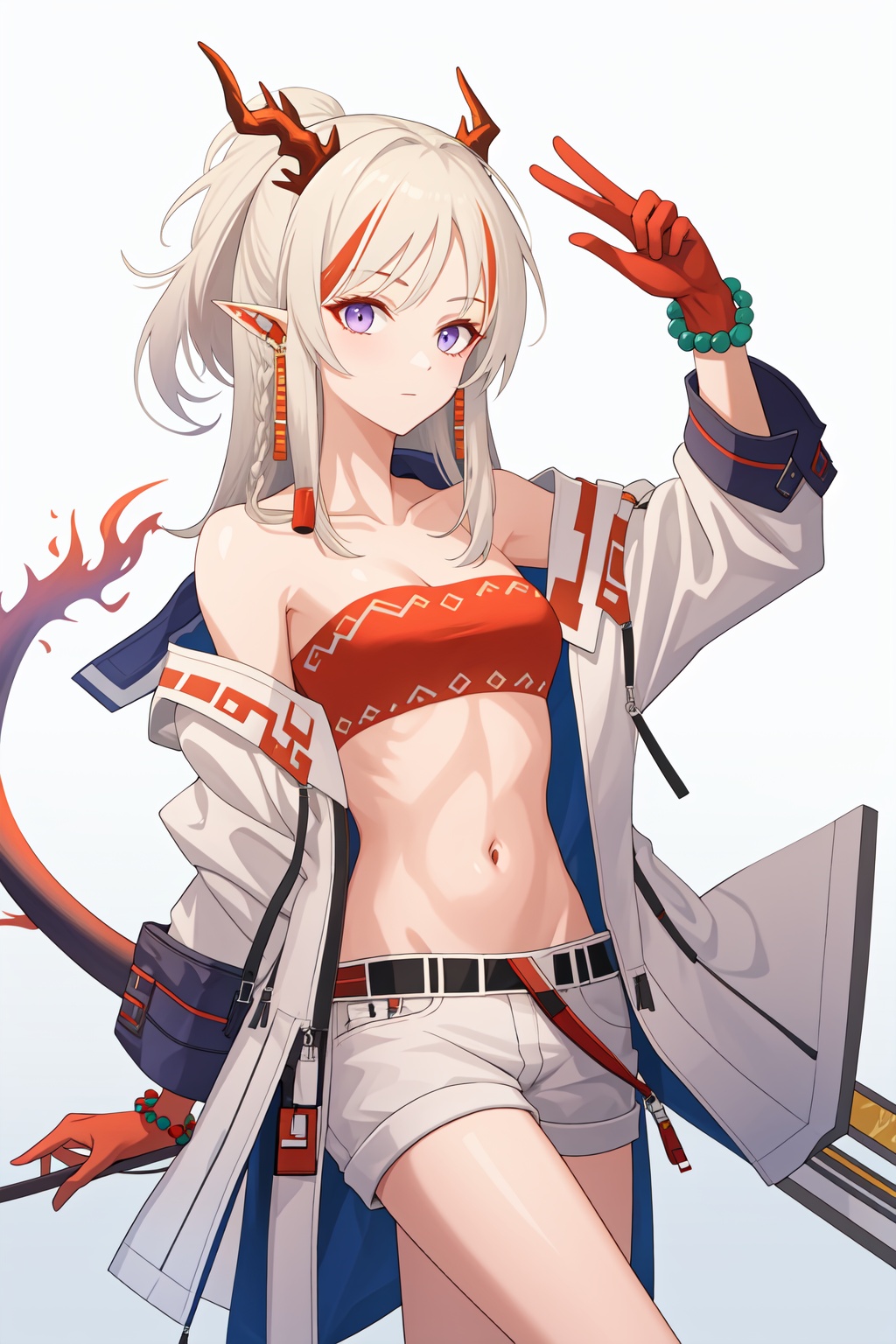 <lora:年-000010:1>,a girl named arknian,arknian,1girl,tube top,tail,strapless,jewelry,bandeau,open clothes,midriff,navel,red bandeau,bracelet,jacket,bead bracelet,crop top,stomach,, (masterpiece,best quality,high quality:1.4),absurdres,