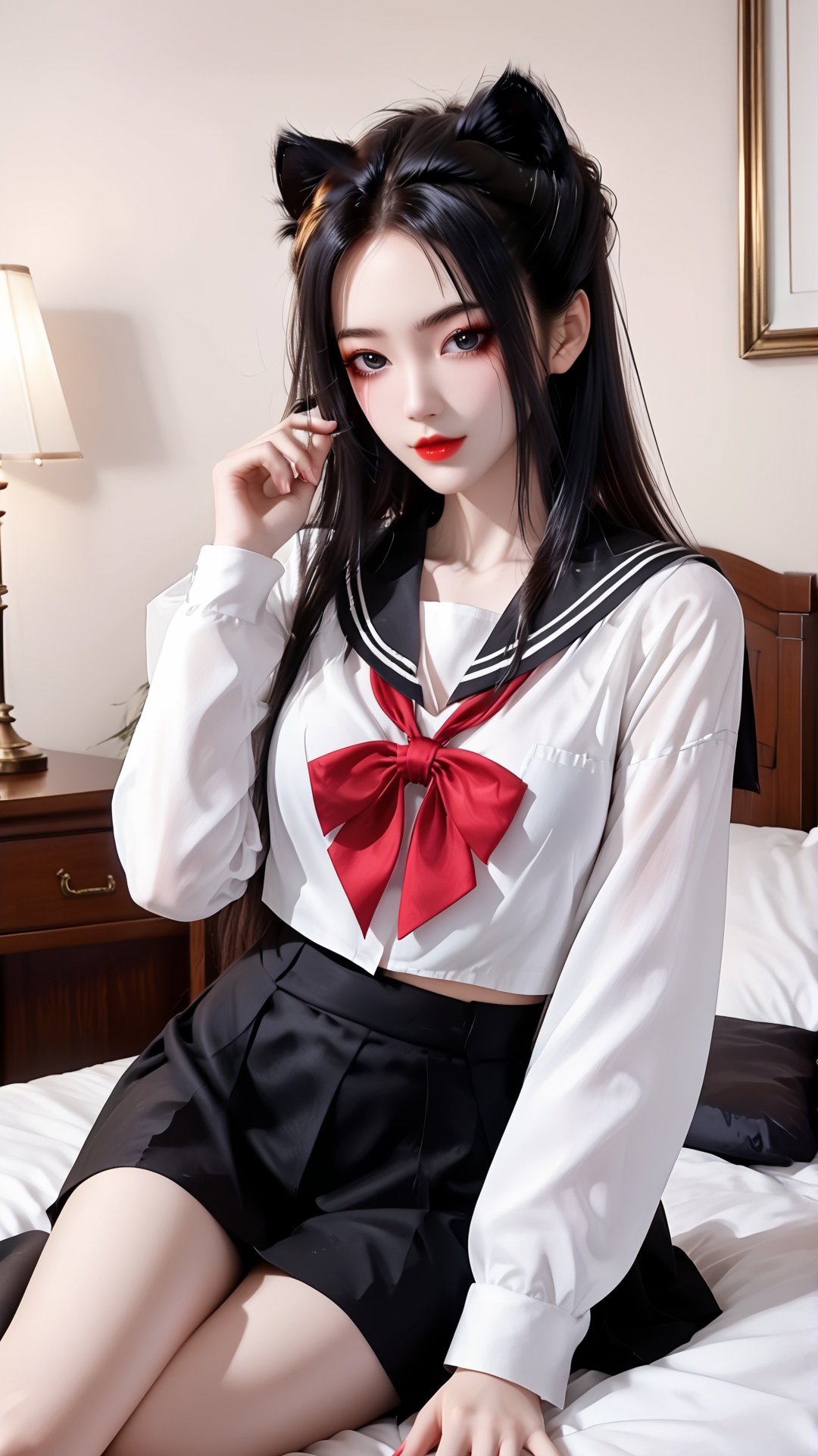 The image is a portrait of a young woman sitting on a bed. She is wearing a black and white sailor outfit with a red bow tie. The outfit consists of a white blouse with black stripes and a black skirt. She has long black hair styled in two cat ears on top of her head. Her makeup is dramatic with dark eyeliner and red lipstick. The woman is posing with one hand on her hip and the other resting on her thigh. The background is a beige wall...,<lora:pony焰:0.8>,