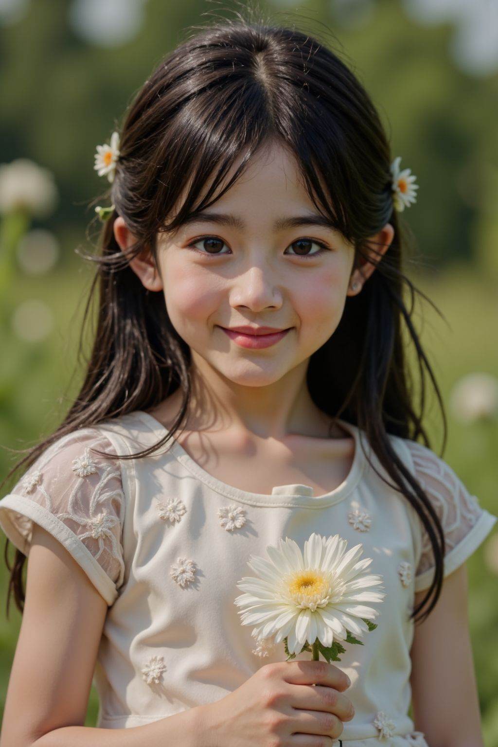 HDR photo of cinematic film still 1girl, solo, long hair, looking at viewer, smile, black hair, dress, flower, realistic, child, outdoors, . shallow depth of field, vignette, highly detailed, high budget, bokeh, cinemascope, moody, epic, gorgeous, film grain, grainy . High dynamic range, vivid, rich details, clear shadows and highlights, realistic, intense, enhanced contrast, highly detailed