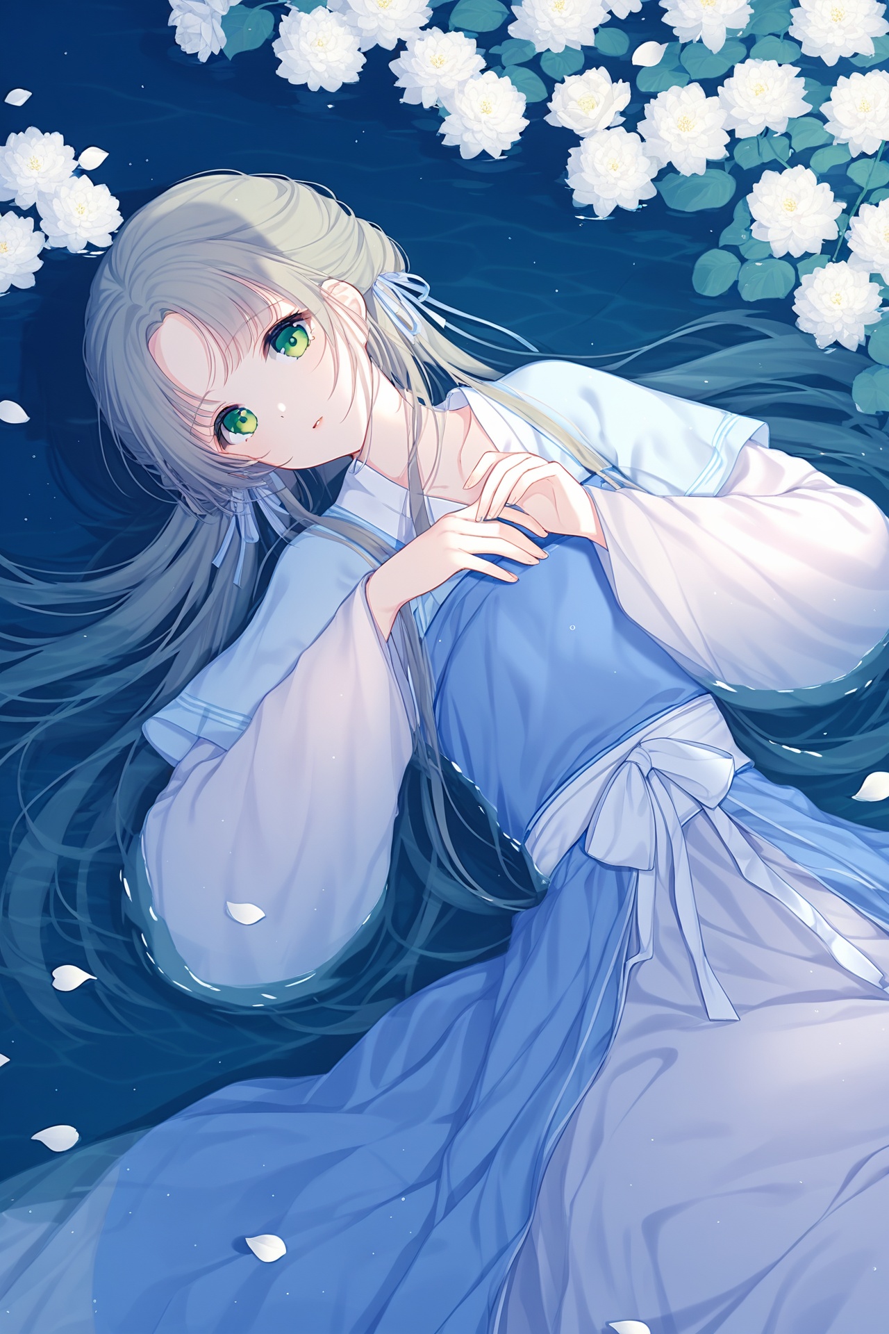 hanfu,1girl,solo,flower,long hair,green eyes,water,white flower,lying,looking at viewer,parted bangs,dress,long sleeves,petals,on side,partially submerged,ribbon,<lora:hansxl-gufeng:1>,