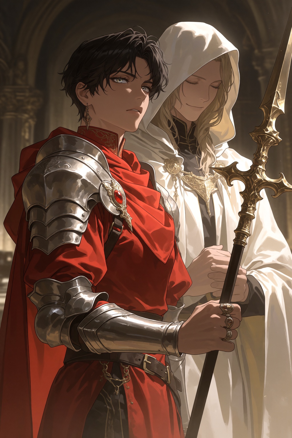 A medium shot depicts two people: a dark-skinned man with short,  messy black hair,  golden eyes on Tensor.Art