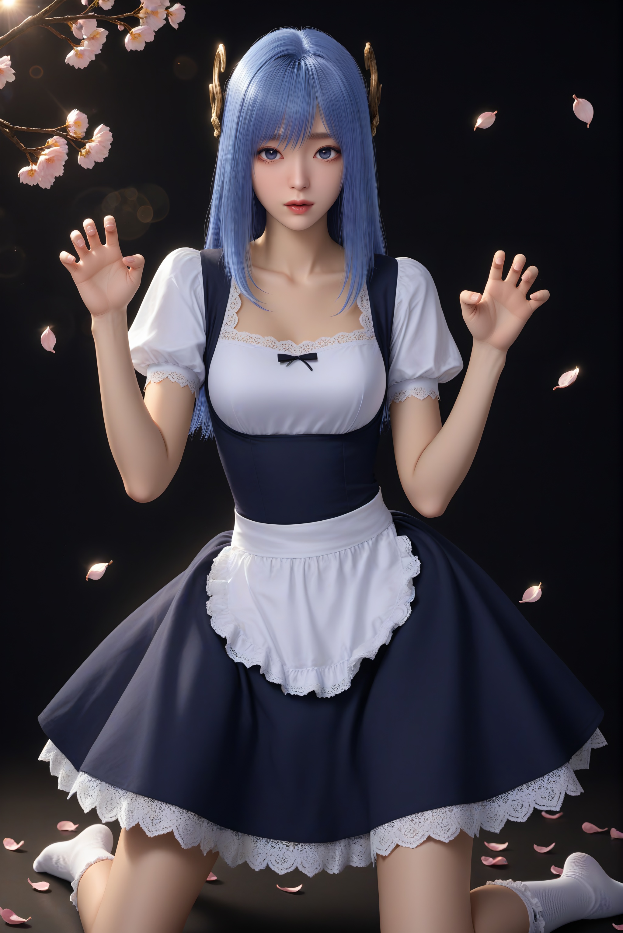 (score_9),cute,narrow waist,(glamor:1.1),<lora:蓝葵-ill-000009:0.8>,1girl,solo,blue hair,long hair,blue eyes,hair crown,lankui,collarbone,(maid:1.1),dress,lace trim,lace,(bobby_socks:1.1),looking at viewer,claw_pose,(paw_pose),BREAKtwig,branch,falling petals,simple background,black background,rim light,Volumetric Lighting,lens flare,Tyndall effect,depth of field,bokeh,sparkle,
