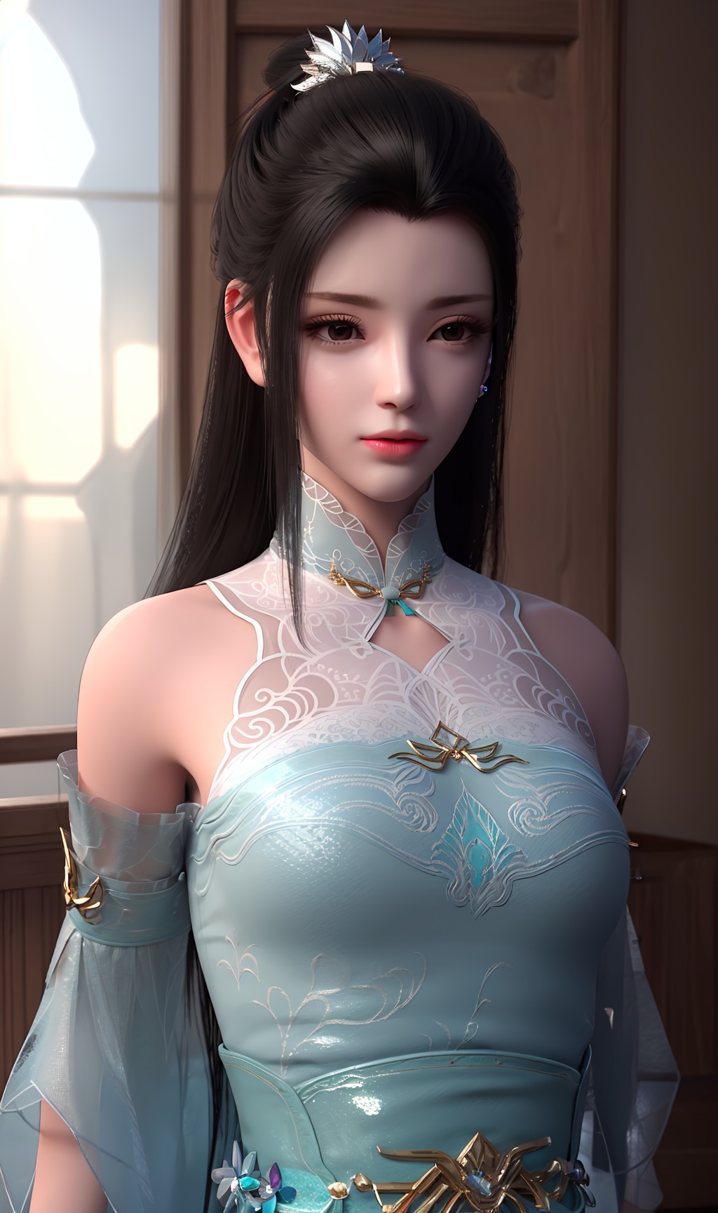 3D,masterpiece,(best quality),(makeup),official art, extremely detailed cg 8k wallpaper,((crystalstexture skin)), (extremely delicate and beautiful),(highly detailed),(face),(collar),(hair_bun),(1girl), (solo), (jewelry), (earrings),(black_hair),(long_hair),(hair_ornament),(handwear),(breasts),(standing),(bare_shoulders),(detached_sleeves),((upper_body,)),(dress),(shiny_clothes),(city,indoor),(chinese_clothes),(multicolored_clothes),(multicolored_dress),,((looking_at_viewer)),((Facing the camera)),, <lora:hipoly3DModelLora_v10:0.3>
