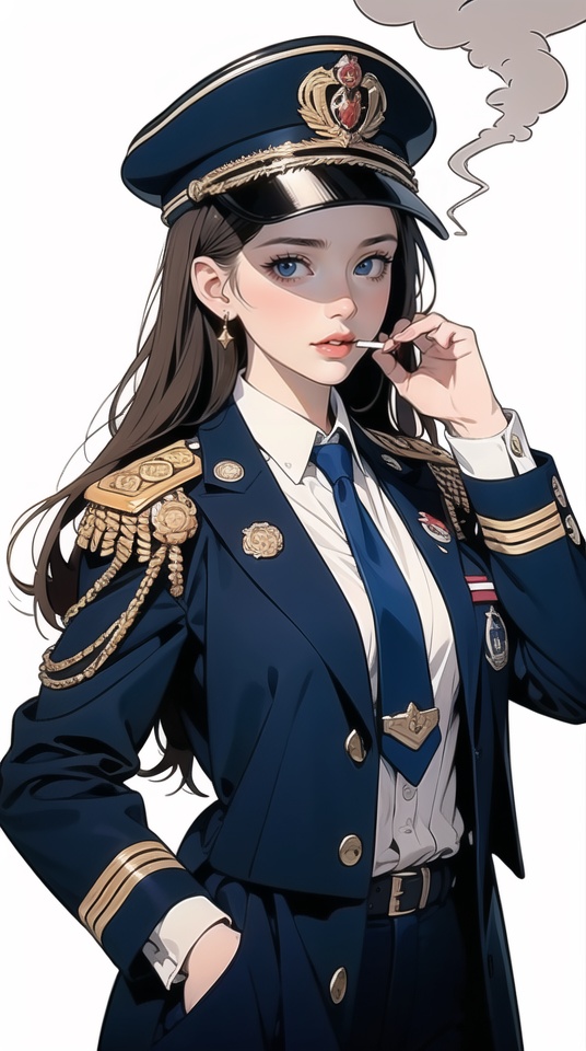 (best quality), ((masterpiece)), (highres), illustration, original, extremely detailed,1girl, solo, uniform, long hair, military uniform, military, hat, epaulettes, cigarette, necktie, blue eyes, smoking, hands in pockets, looking at viewer, white background, lips, aiguillette, peaked cap, medal