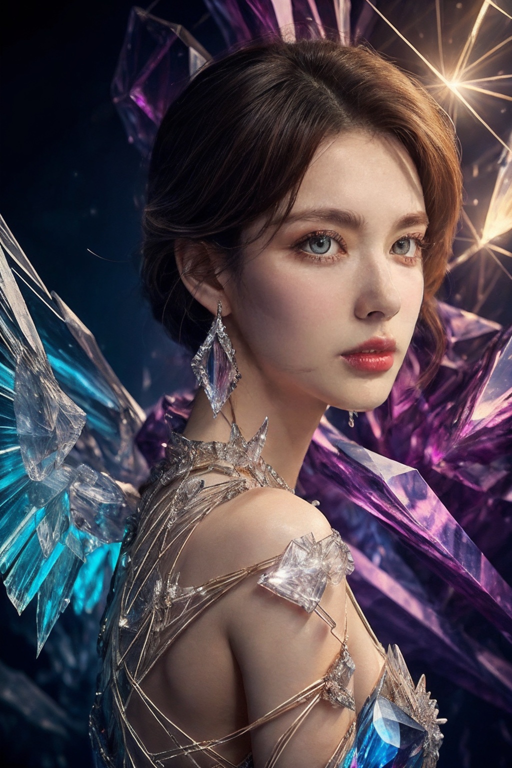 Epic composition,photo realistic,ultra detailed,highly detailed,ray tracing,upper body,1girl,solo,bare shoulders,exquisite face,beautiful eyes,crystal wings,her torn skin revealing the wires inside,crystal components,spark,inners visible,<lora:crystal_20231127214245-000018:0.7:lbw=1,1,0,0,0,1,1,1,1,1,1,1,1,1,1,1,1>,crystal,