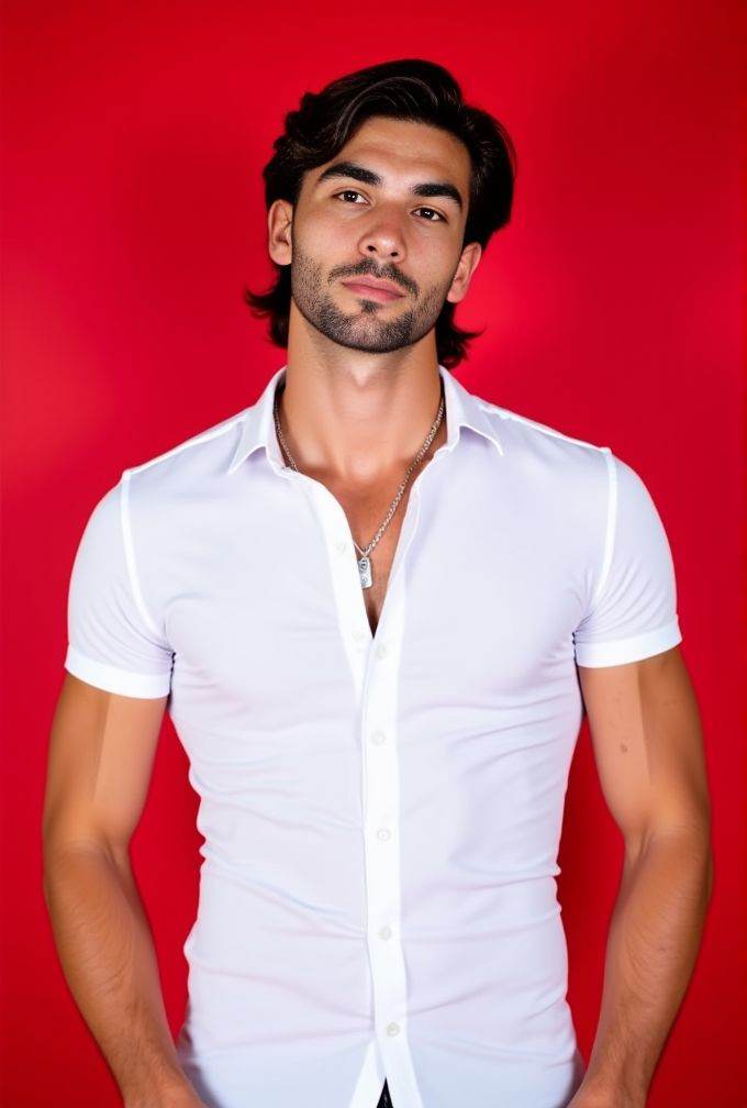 Ferran Torres ,  The image is a high-resolution photograph. standing against a solid red background. wavy hair styled to t...