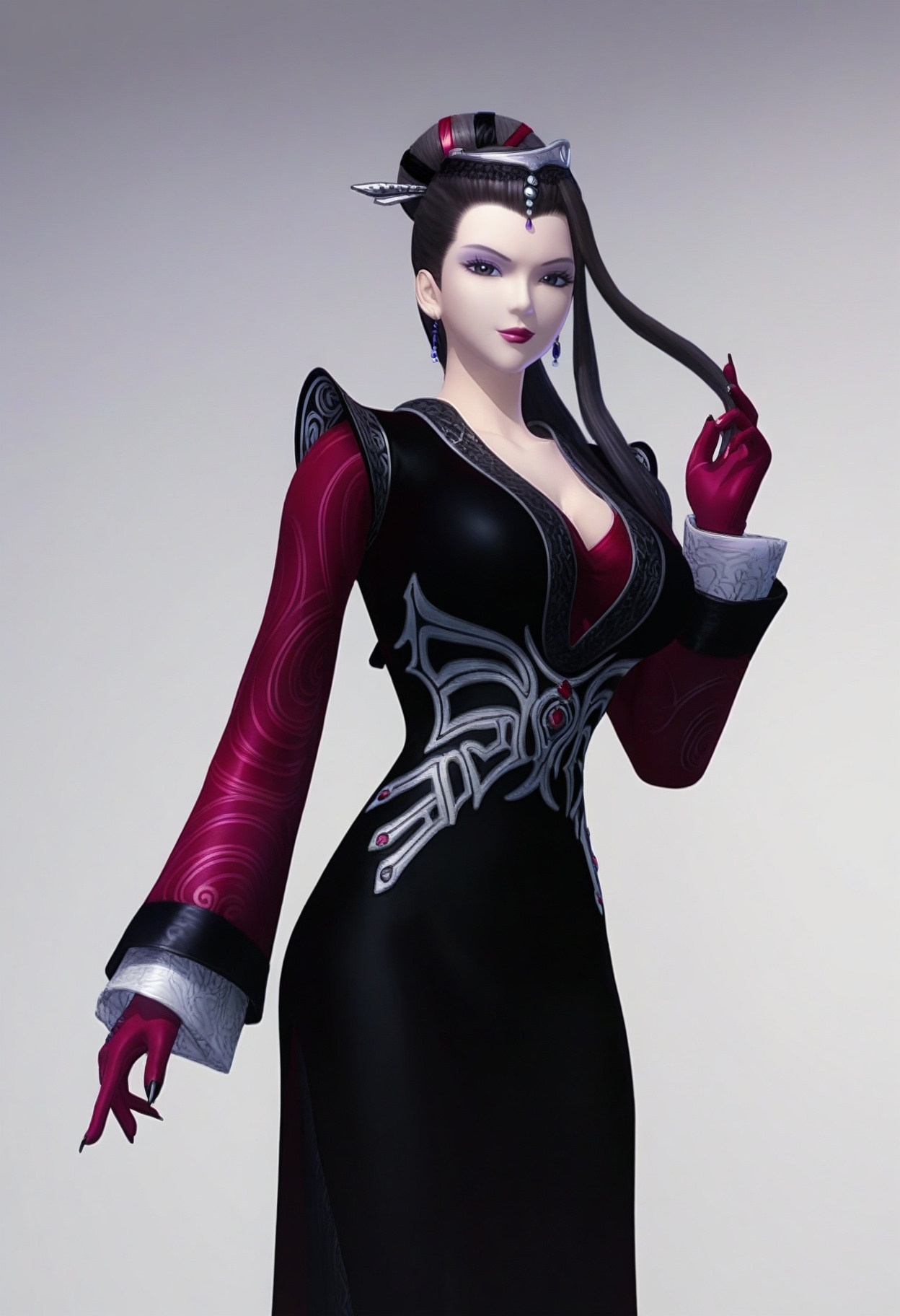 score_9,<lora:SF_DaSiMing_Pony_Realism2.3-000003:0.7>,eyeshadow,black hair,black dress,long hair,hair ornament,1girl,breasts,large breasts,standing,long sleeves,red gloves,solo,looking at viewer,white background,simple background,