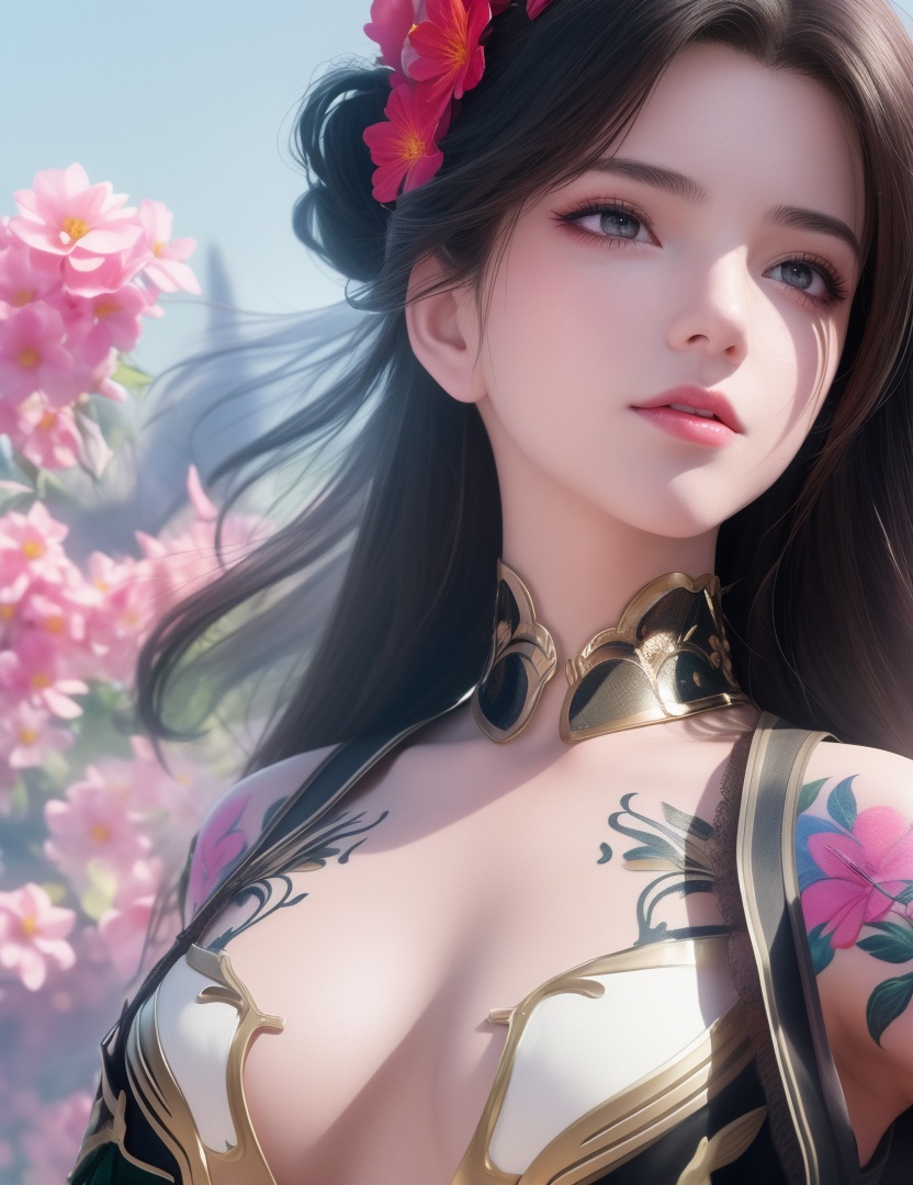 <lora:528-DA-万古狂帝-林柔:0.8>(,1girl, ,best quality, ),looking at viewer,  ,,ultra detailed background,ultra detailed background,ultra realistic 8k cg,, ,masterpiece, (( , )),ultra realistic 8k cgSurrounded by strange, movie perspective, advertising style, Colorful background, splash of color A beautiful woman with delicate facial features,tattoo all over body, flower arms, from below,
