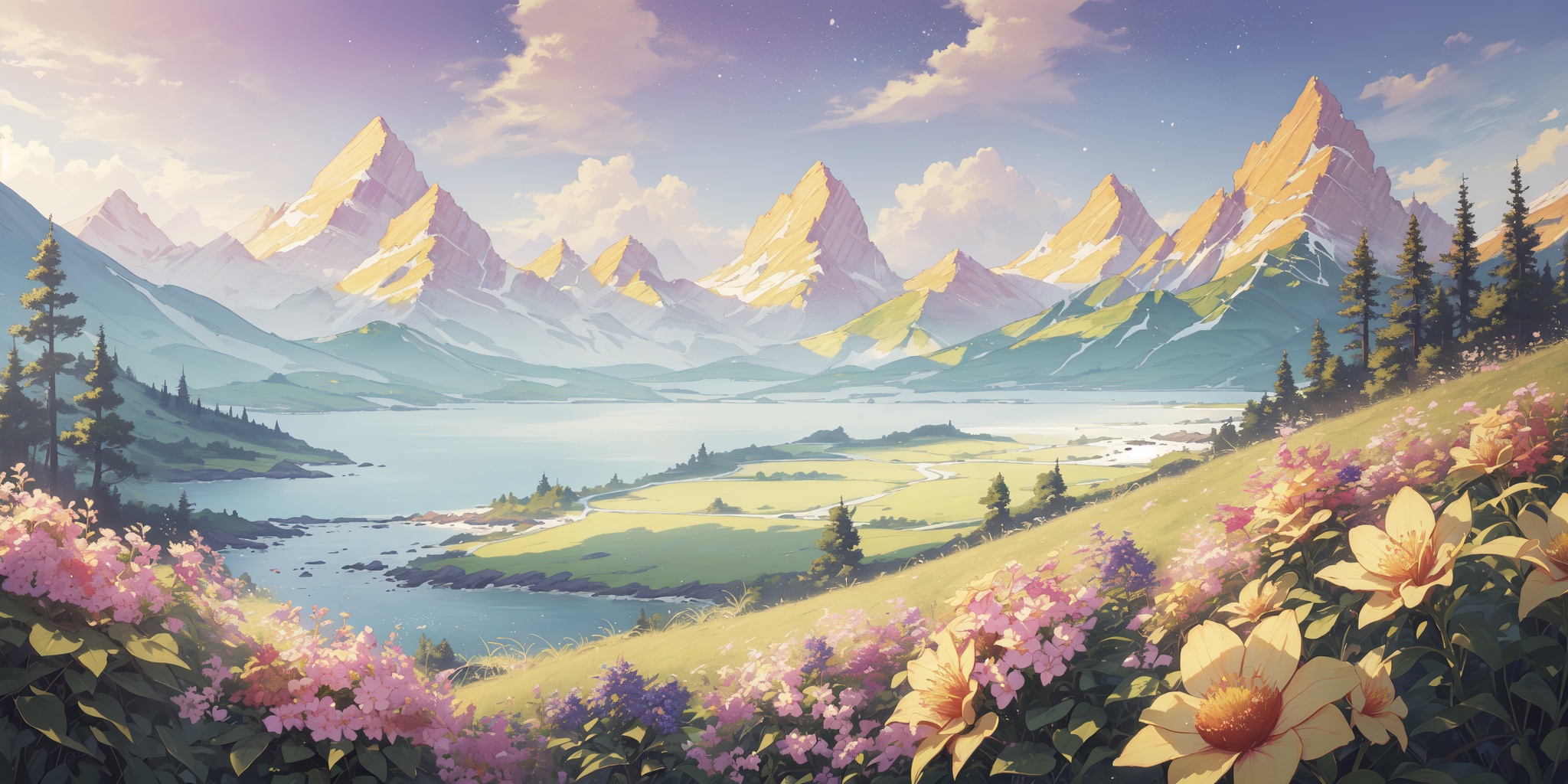 scenery,outdoors,light particles,beautiful detailed sky,beautiful detailed glow,best shadow,panorama,(Meadow, Flowers, Mountains, Grass, Bees, Colors, Serenity, Breeze:1.3),(Lakeshore, Meditation, Twilight, Peacefulness, Tranquility, Reflections:1.2),(Rhododendron blooms, Alpine slopes, Himalayan peaks, Prayer flags, Mountain flora, Himalayan charm:1.1),(masterpiece, best quality, beautiful and aesthetic:1.3),extremely detailed CG,ultra-detailed,beautiful concept illustration,illustration,extremely fine and beautiful,perfect details,<lora:YOUHUA-000018:1>,oil painting \(medium\),
