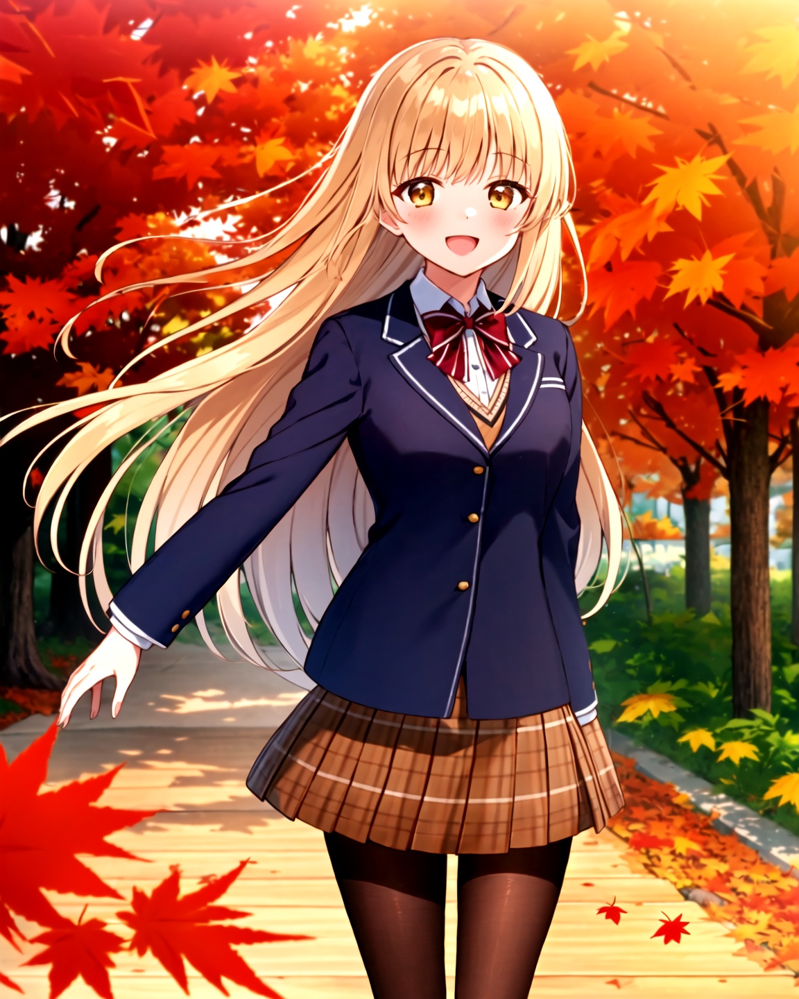 1girl, solo, long hair, looking at viewer, blush, smile, open mouth, skirt, blonde hair, shirt, long sleeves, bow, brown eyes, very long hair, school uniform, standing, jacket, white shirt, :d, pantyhose, pleated skirt, outdoors, day, collared shirt, bowtie, red bow, tree, plaid, black pantyhose, floating hair, leaf, plaid skirt, blazer, blue jacket, red bowtie, brown skirt, brown pantyhose, autumn leaves, maple leaf, autumn,<lora:椎名真昼38:1>,, masterpiece, best quality