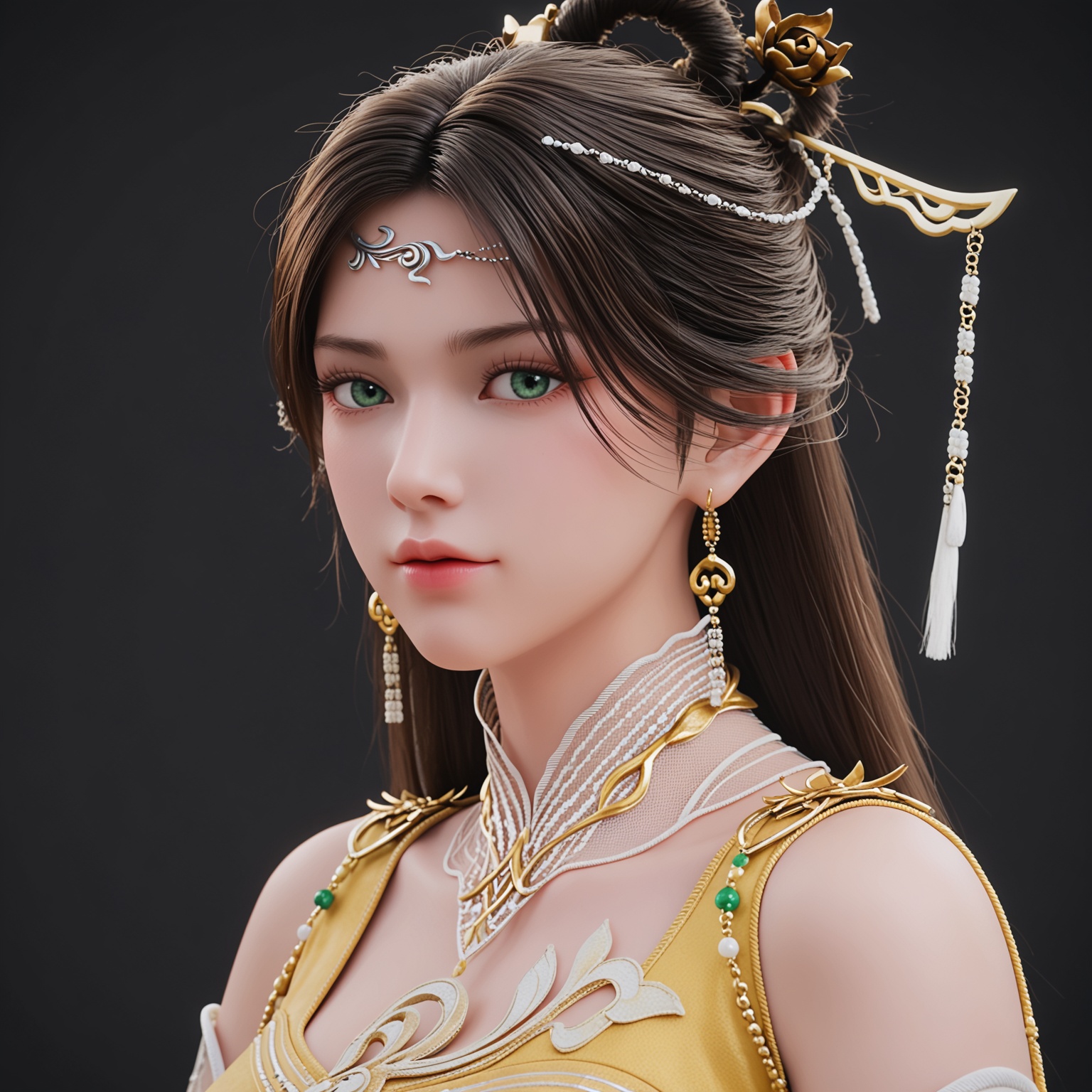 1girl,solo,<lora:ponyjinpingerV1:0.78>,long_hair,jewelry,earrings,hair_ornament,dress,black_hair,realistic,chinese_clothes,yellow_dress,green_eyes,brown_hair,hair_bun,necklace,single_hair_bun,bare_legs,feet,hair_rings,BREAK score_9,upper_body,portrait,shiny_skin,looking at viewer,cinematic lighting,volumetric lighting,solo focus,(huge breasts:0.9),(simple background,pure black background,black background:1.1),