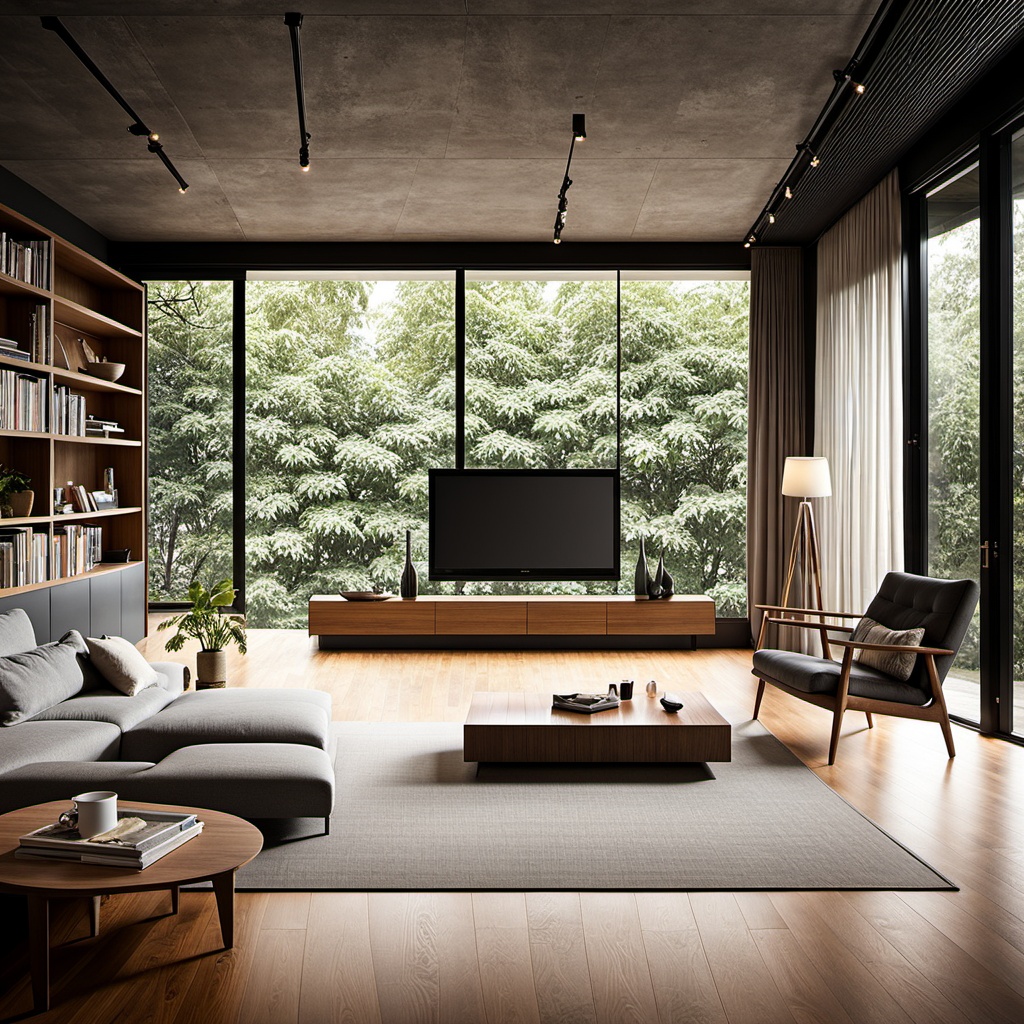 cinematic photo,mrares, ((wabi-sabi style:1.5)), (wabi-sabi_style:1.5), (Zen:1.5),(wabi-sabi elements:1.3), modern living room, simple style, living room, home, concrete plain wall, wooden floor, there is a sofa placed in the space, a projection screen facing the sofa, and a push-pull cart, wide angle,long-focus,depth of field, . 35mm photograph, film, bokeh, professional, 4k, highly detailed