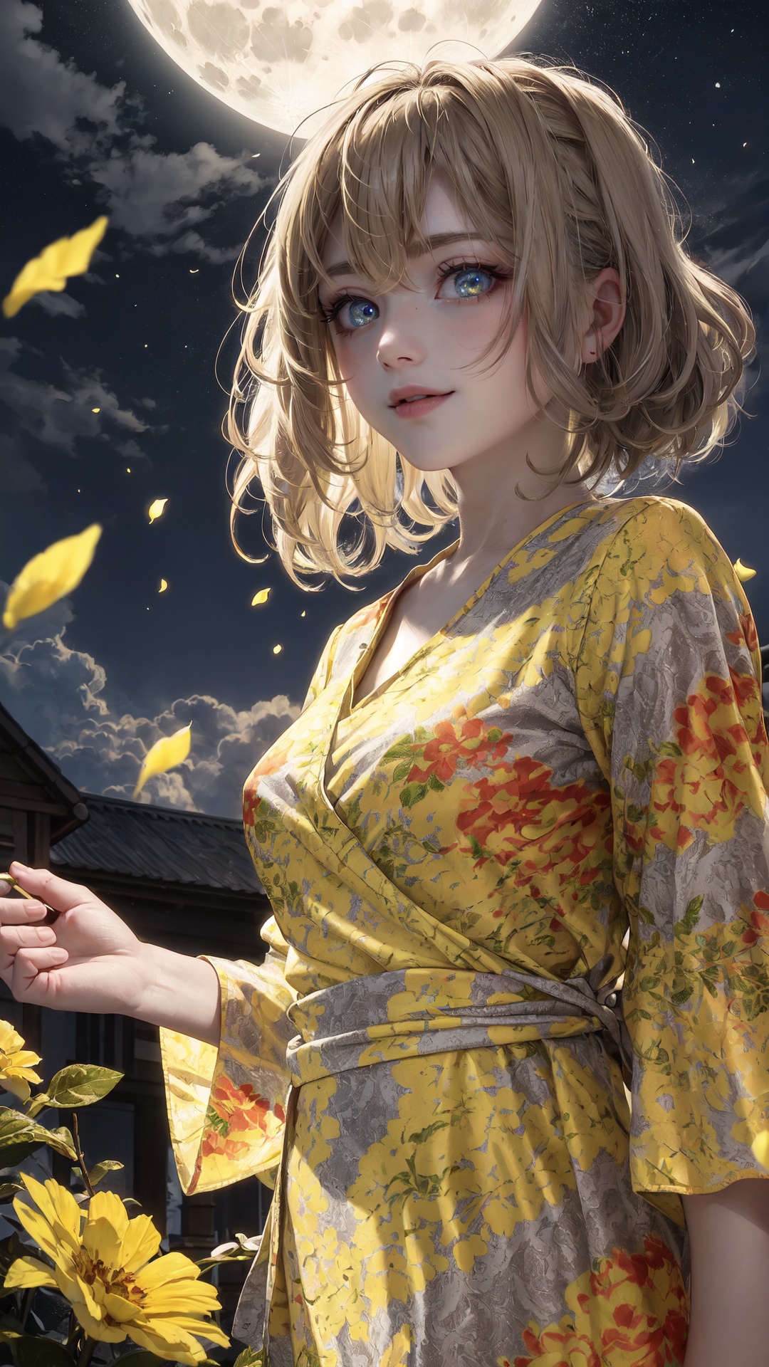 tutututu,floral print,dress,yellow flower dress,long sleeves,obi,<lora:yellow_dress_V2-000006:0.65>,masterpiece, best quality,1girl, (colorful),(finely detailed beautiful eyes and detailed face),cinematic lighting,bust shot,extremely detailed CG unity 8k wallpaper,white hair,solo,smile,((flying petal)),(Flowery meadow)sky, cloudy_sky, building, moonlight, moon, night, (dark theme:1.3), light, fantasy,