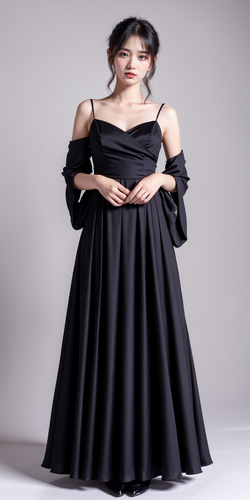 1girl,jewelry,iridescence,upper body,white background,photo,(standing:1.3),(look at the front:1.3),(black evening dress:1.3),shoulder,v-neck,