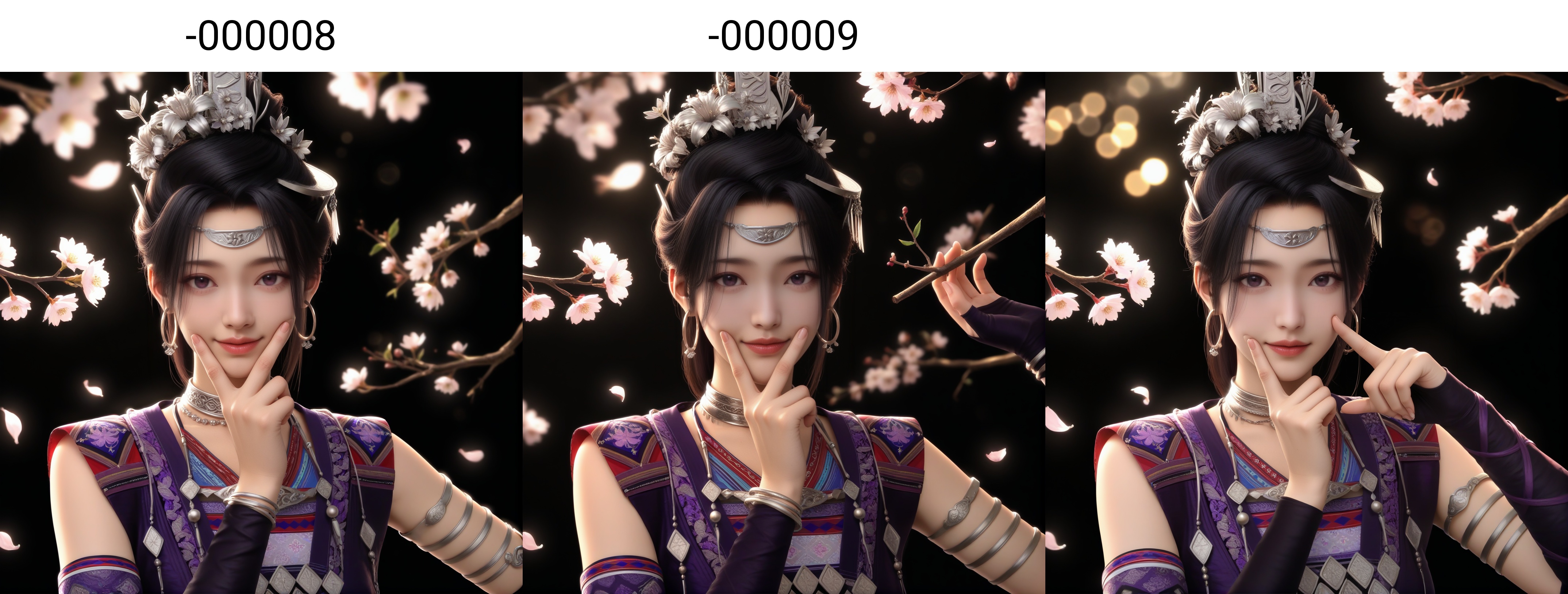masterpiece,best quality,absurdres,highres,<lora:紫萱-ill-000008:0.82>,1girl,solo,long hair,black hair,hair ornament,jewelry,hoop earrings,circle,hair flower,tiara,zixuan,choker,silver choker,necklace,purple dress,elbow gloves,armlet,bracelet,single elbow gloves,collarbone,(fingersmile:1.1),looking at viewer,(front view),BREAKtwig,branch,falling petals,simple background,black background,rim light,Volumetric Lighting,lens flare,Tyndall effect,depth of field,bokeh,sparkle,
