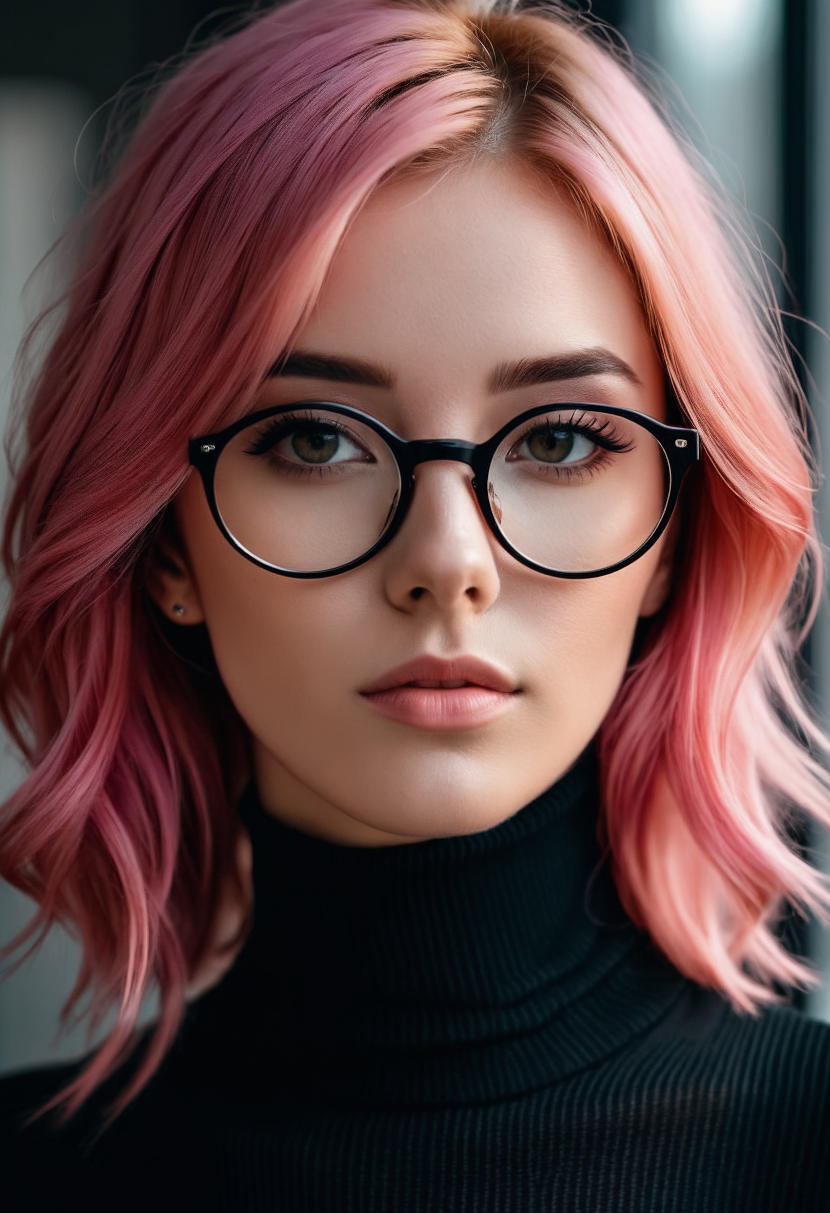 A fine art photography portrait of a beautiful 25-year-old woman with pink hair. She wears a black turtleneck and round gl...