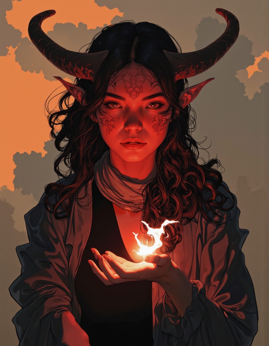 By Phandigrams. A digital illustration shoot from a frontal camera angle about a female demon character with red skin and...