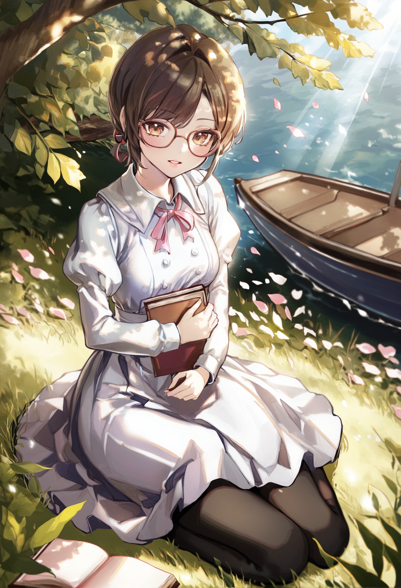 masterpiece, best quality,1girl, okumura haru,  brown hair, dress, solo, flower, tree, outdoors, white dress, sitting, long sleeves, puffy sleeves, short hair tie, book, sunlight, boat, nature, day, parted bangs, parted lips, watercraft, juliet sleeves, water, red flower, brown eyes, petals, holding flower, collared dress, holding book, skirt hold, looking at viewer, forehead, black pantyhose, falling petals, grass, open book, holding, pink lips, alternate costume, on ground, pink petals, brown-framed eyewear, lips, teeth, swept bangs, pantyhose, foliage, nose <lora:COCOballXLlokr8f-000123:0.95>