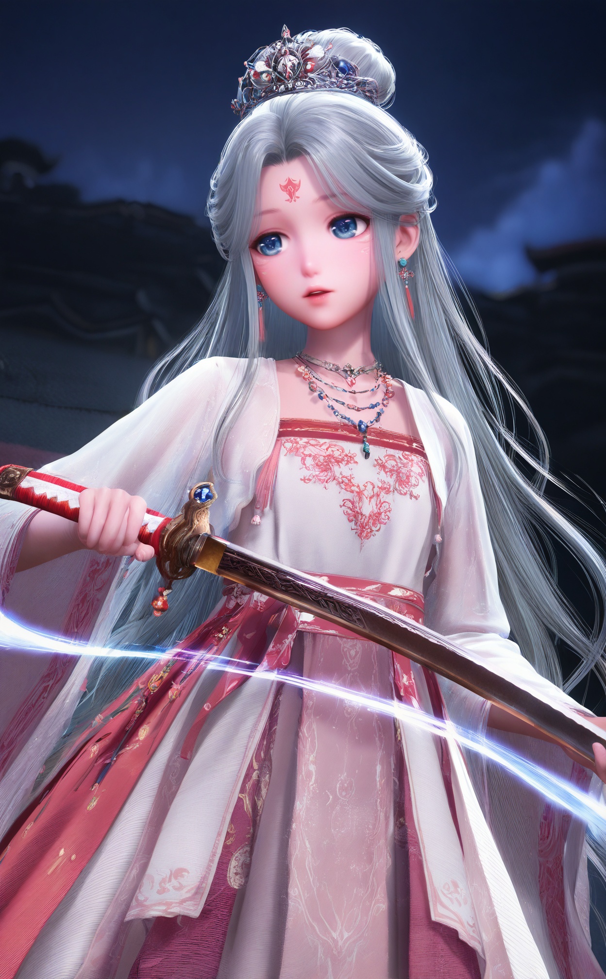 masterpiece,very aware,highres,absurdres,newest,best quality,loli,petite,high quality,chromatic_aberration,//,nuannuan, 1girl, jewelry, long_hair, chinese_clothes, dress, blue_eyes, long_sleeves, necklace, earrings, hair_ornament, hanfu, forehead_mark, solo, holding_animal, grey_hair, night, facial_mark, weapon, animal, tiara, sword, wide_sleeves, hair_bun, sky, parted_lips, white_dress, dark_background//,realistic,//,official art,depth of field,detailed light,blurry background,best shadow,shiny skin,cinematic lighting,ray tracing,amazing quality,very aesthetic,absurdres,beast quality,ultra detailed,newest,8K,HDR,<lora:nuannuan2——【noob】hans:1>,
