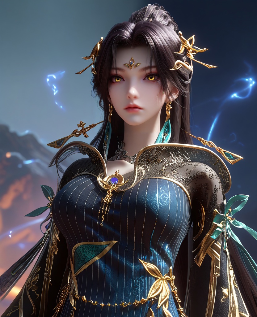 (meditating:1.1),(large breasts:1.2),<lora:XL16云深不知梦羲和第9集:0.95>,miss xihe,ombre gown,yellow eyes,forehead jewel,black hair,absurdly long hair,traditional chinese updo with long cascading hair,hair ornament,jewelry,earrings,wide sleeves,boots,eyeshadow,, score_9,score_8_up,score_7_up,score_6_up,score_5_up,score_4_up,3d rendering,tag1,tag2, Cinematic Lighting,backlighting,