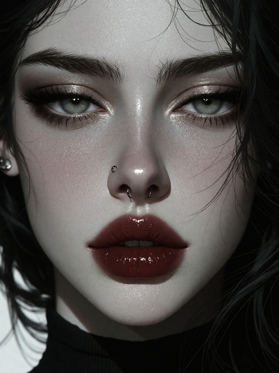 AniFactV4. A close-up portrait of a woman's face in a monochromatic style,  shot from a close up camera angle. the image i...