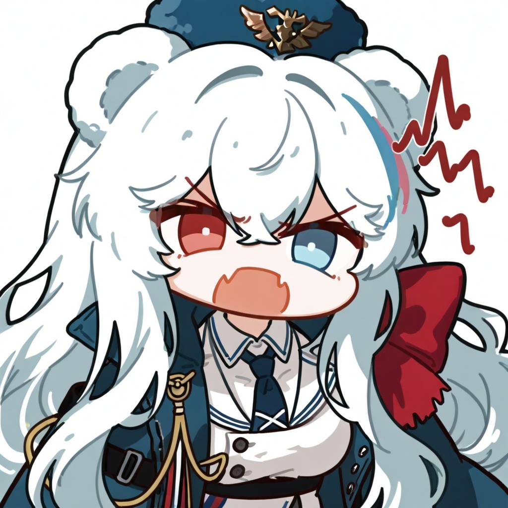 <lora:haqi_angry_fang>,rosa \(arknights\),arknights,animal ears,bear ears,long hair,white hair,blue eyes,heterochromia,very long hair,red eyes,hat,blue hair,multicolored hair,streaked hair,,hair between eyes,blue headwear,large ,chibi,1girl,solo,upper body,haqi,angry,fang,v-shaped eyebrows,looking at viewer,open mouth,white background,simple background,<lora:nineface-chibi-noob1-5:1>,