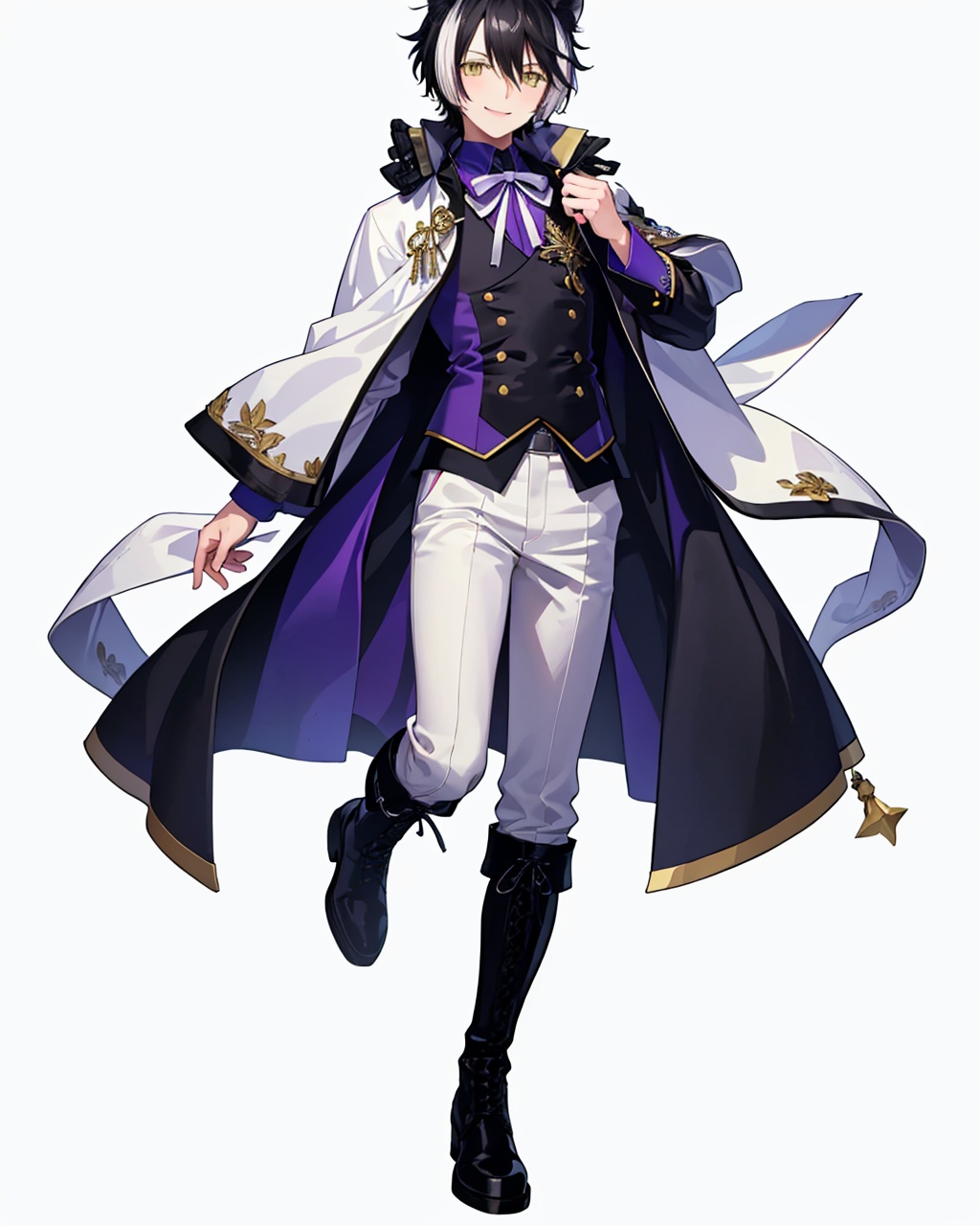 masterpiece,best quality, highly detailed, kageyama shien, male focus, 1boy, solo, virtual youtuber, full body, white background, purple ribbon, white pants, black footwear, looking at viewer, neck ribbon, idol clothes, lace-up boots, collared shirt, smile, tail, simple background, black vest, white shirt, purple bow, double-breasted, knee boots, standing on one leg, white jacket, capelet, waistcoat, leaf, gold trim, sash, dress shirt, alternate costume, official alternate costume, yellow ribbon,<lora:kageyama_shien:1>
