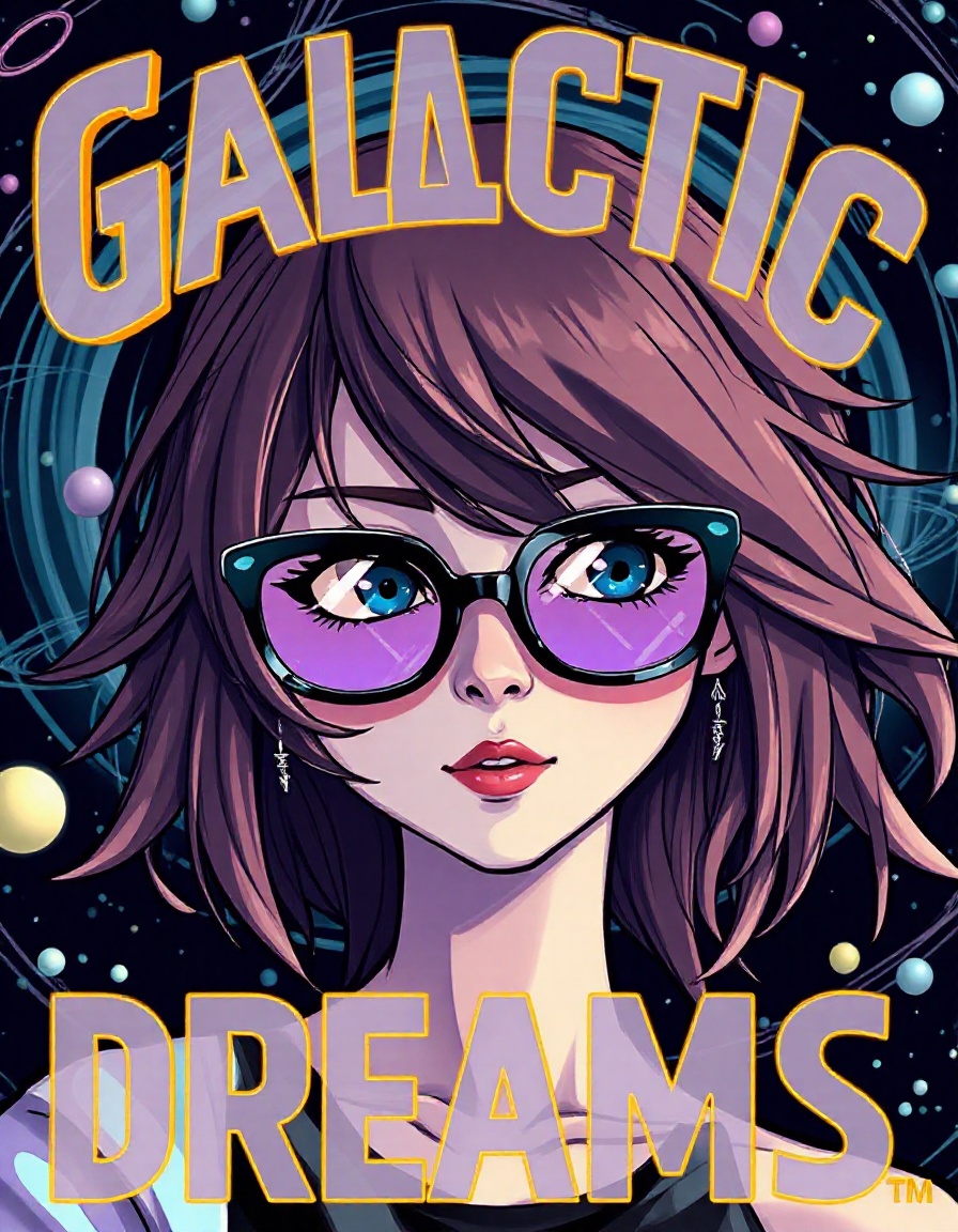 Text letters and words that says "Galactic Dreams" in futuristic lettering,  framing an anime girl with cosmic swirls as a...