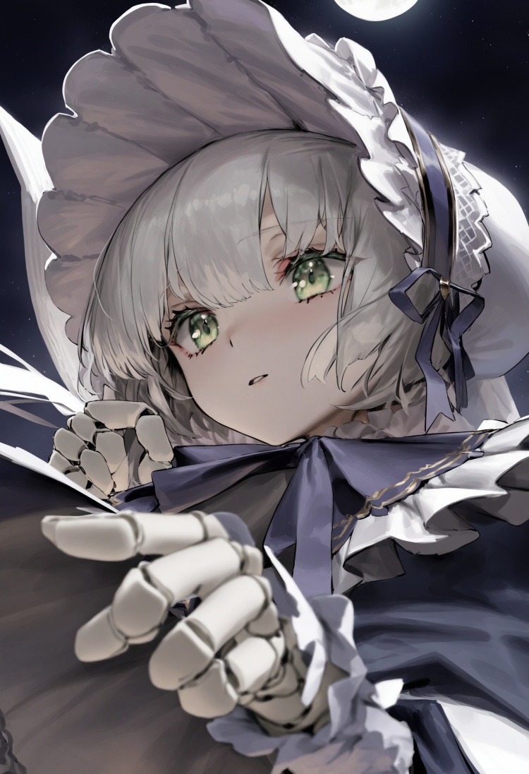 best quality, masterpiece, 1girl, solo, doll joints, bonnet, white hair, joints, cloak, jewelry, bangs, green eyes, short hair, hat, moon  <lora:rsefXLlokr4f-000143:0.95>