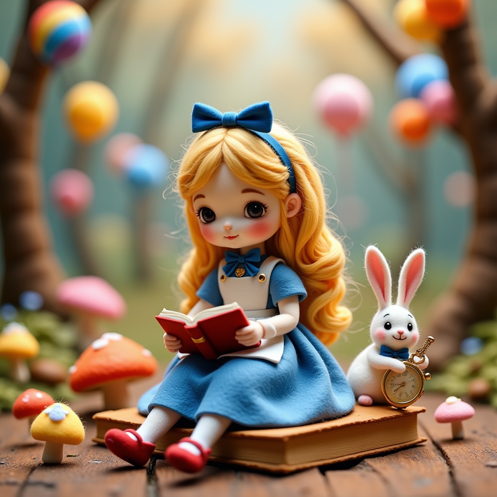 Texture of yarn,1girl,3d,alice \(alice in wonderland\),animal,balloon,blonde hair,blue bow,blue dress,blue ribbon,blurry,blurry background,blurry foreground,bokeh,book,bow,bunny,chromatic aberration,depth of field,dress,food,holding book,motion blur,mouse,mushroom,needle,open book,photo \(medium\),photo inset,pocket watch,rainbow,reference inset,sitting,stuffed animal,stuffed bunny,stuffed toy,teddy bear,unconventional media,white rabbit \(alice in wonderland\),