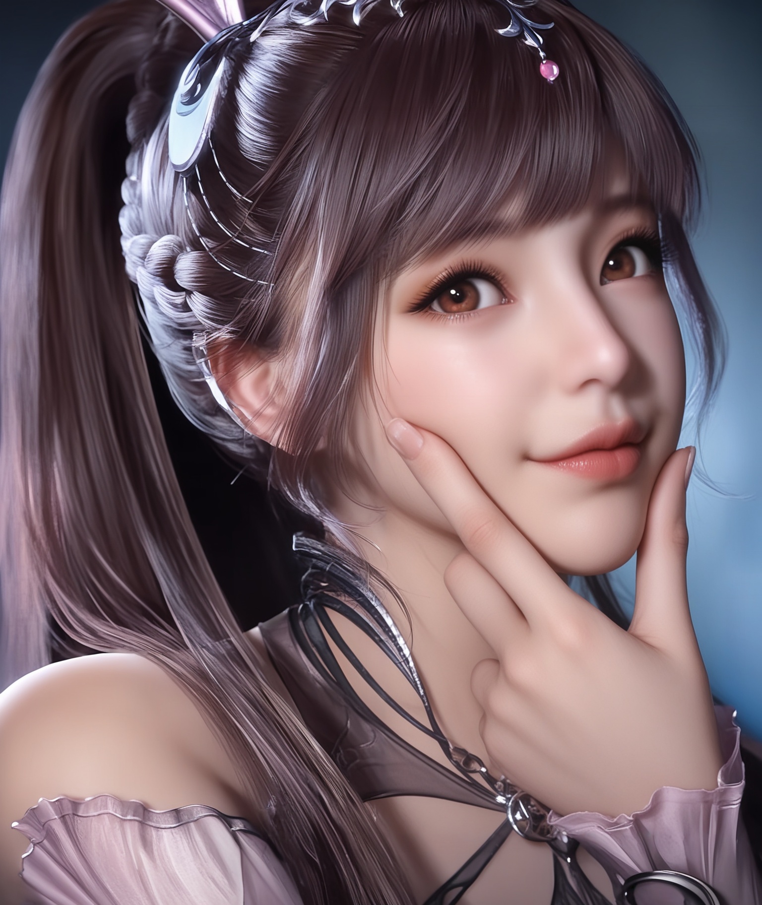 masterpiece,best quality,absurdres,highres,BREAK(glamor:1.1),slender,1girl,solo,<lora:小舞-ill-000005:0.85>,xiaowu,long hair,brown hair,hair ornament,ponytail,bunny ears,brown eyes,jewelry,braid,see-through,pink dress,looking at viewer,front view,(fingersmile),upper body,light blush,BREAKsimple background,black background,rim light,Tyndall effect,Volumetric Lighting,Cinematic Lighting,realistic,depth of field,