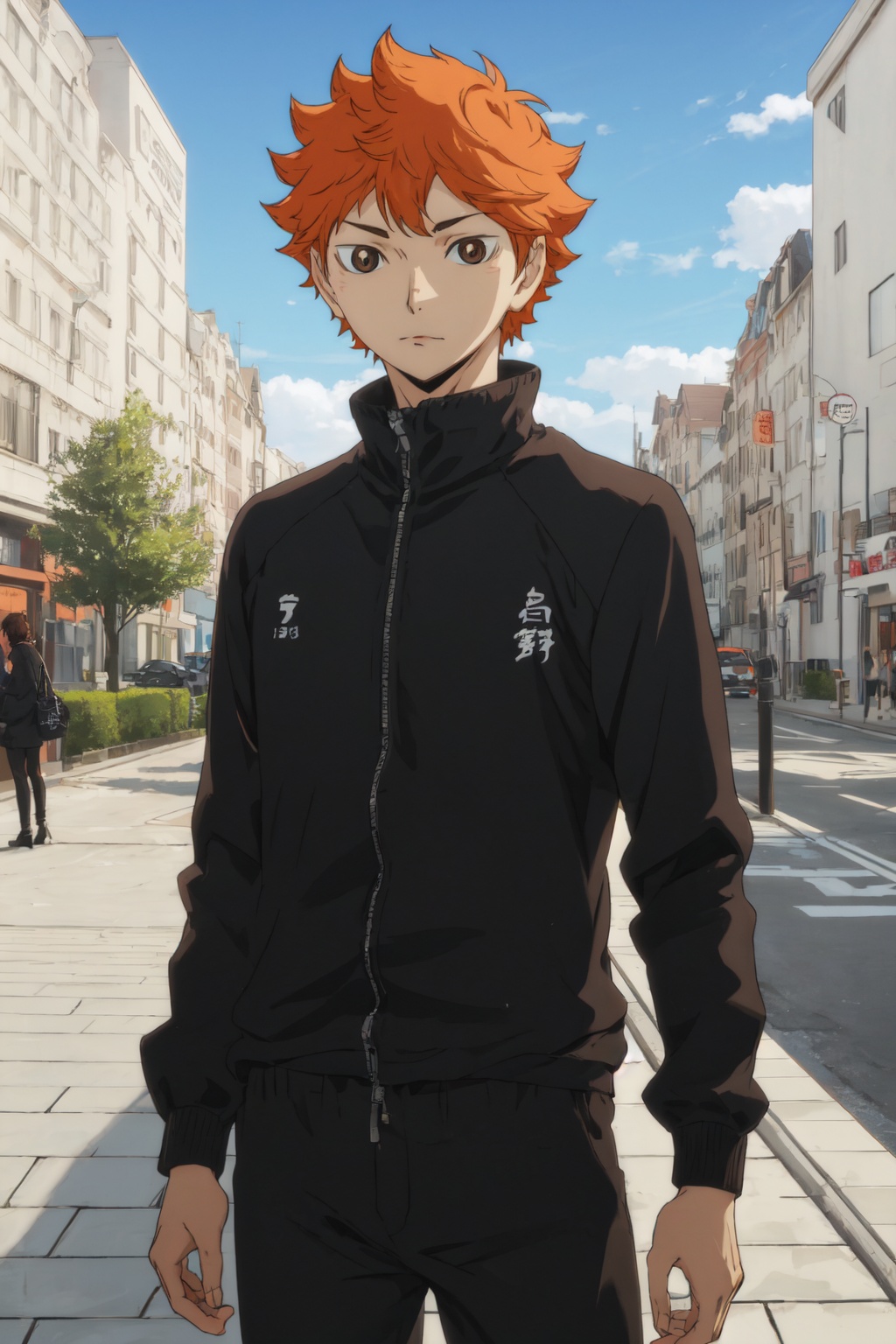 <lora:Hinata:0.8>,Hinata CYQL,1boy,male focus,looking at viewer,solo,orange hair,short hair,brown eyes,black suit, black turtleneck, black dress shoes,smirk,panorama,front view,Public art, Sculptures, Installations, Expression, Creativity,masterpiece,best quality,