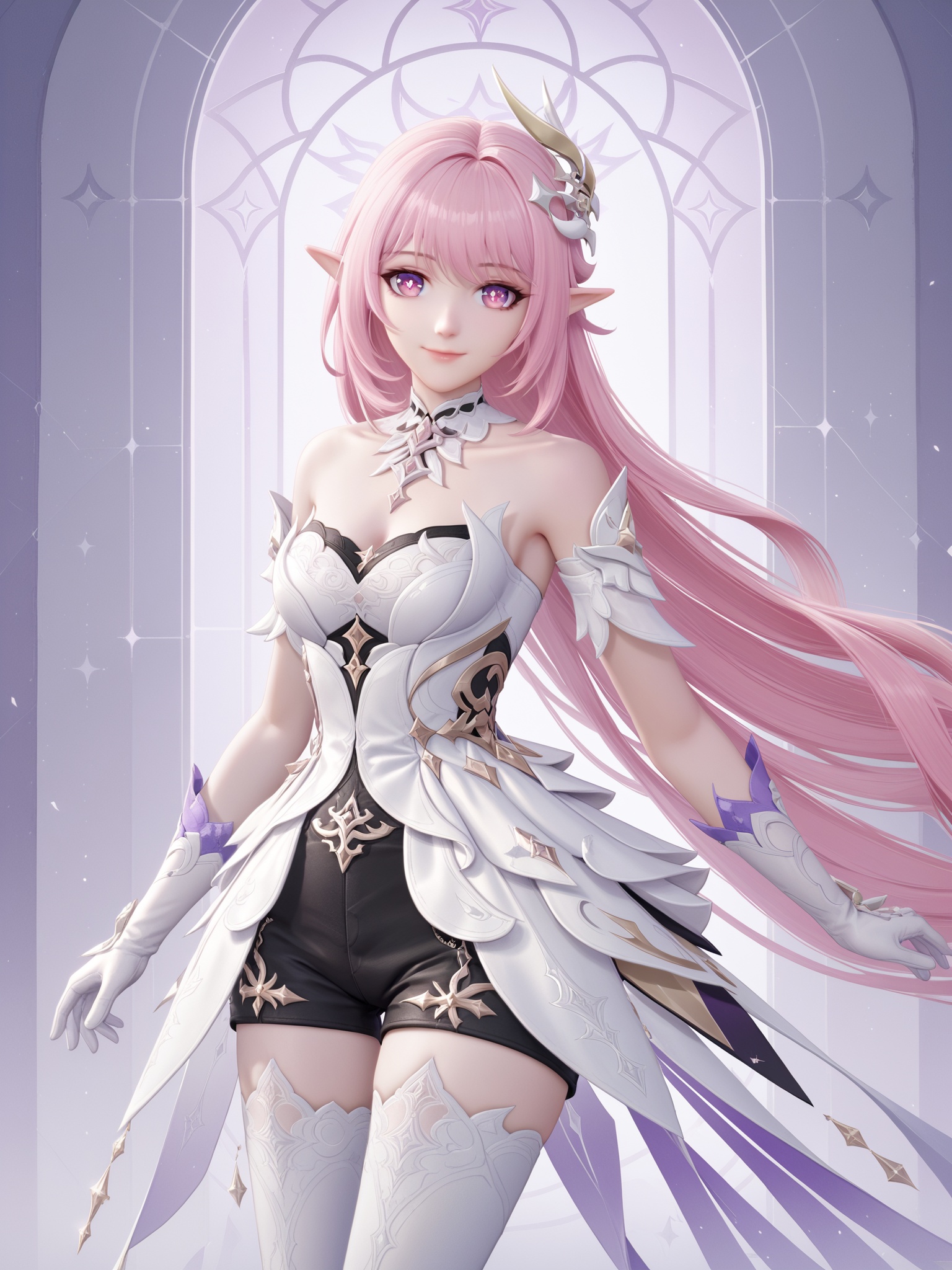 score_10,score_9,score_8_up,score_7_up,1girl,elysia (honkai impact),pink hair,solo,long hair,breasts,gloves,white gloves,smile,hair ornament,cleavage,dress,bare shoulders,white dress,thighhighs,closed mouth,very long hair,diamond-shaped pupils,looking at viewer,black shorts,pointy ears,medium breasts,artist name,shorts,white thighhighs,