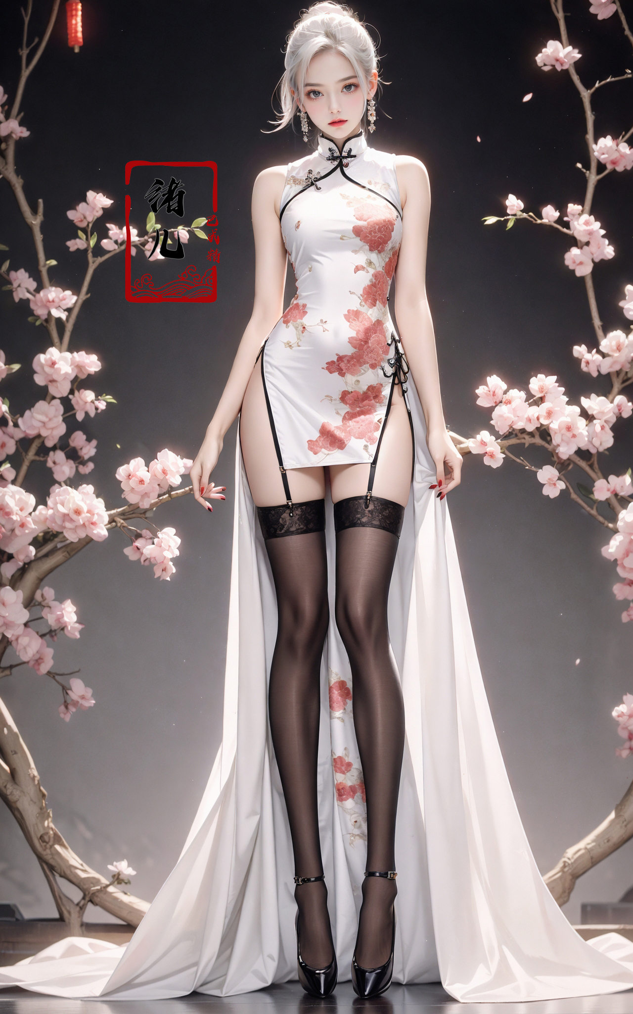 Black background,  Fashion cheongsam,  nail polish on Tensor.Art