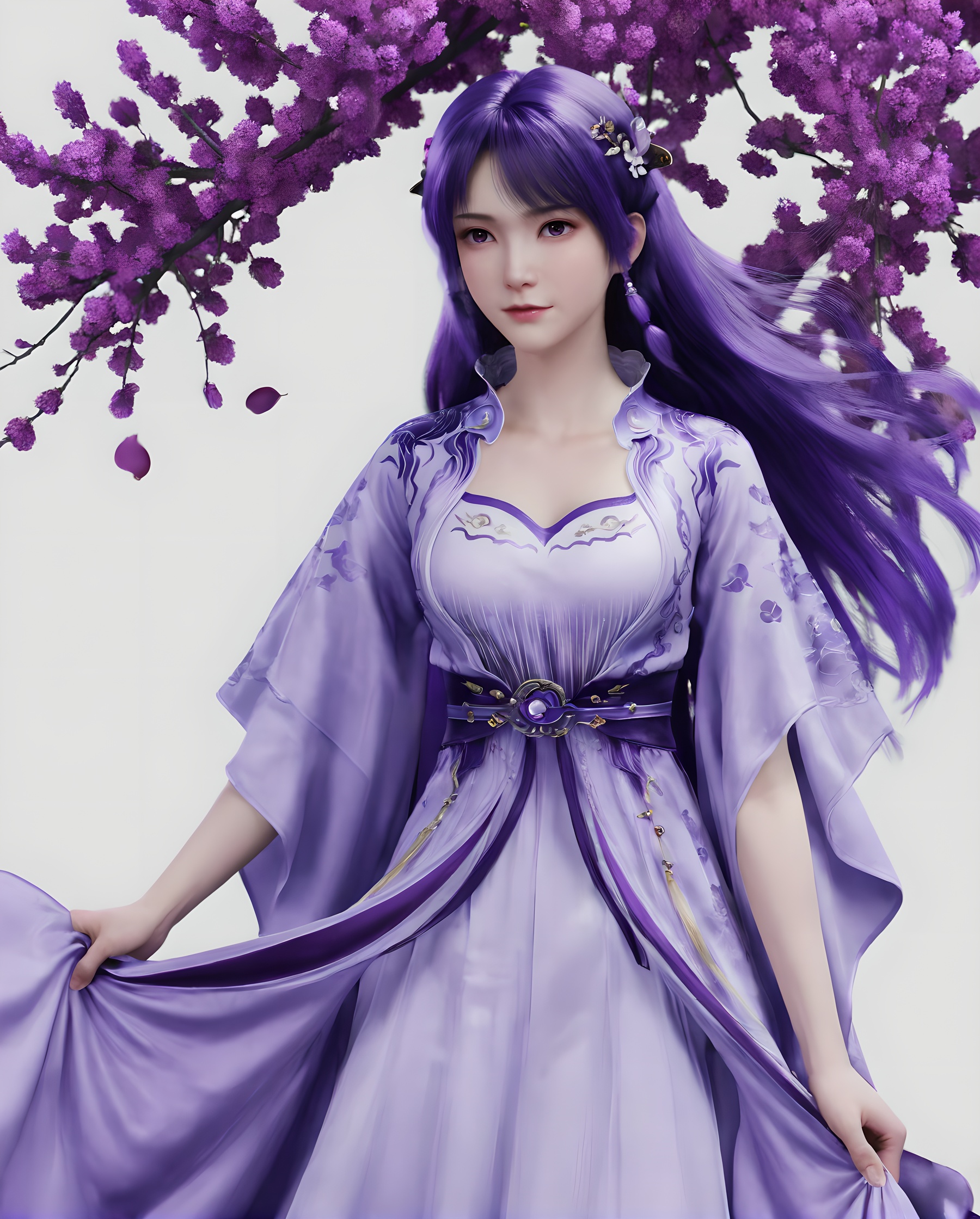 <lora:SF_JiZiYueSecondClothes_Pony_Realism-000003:0.7>,1girl,solo,flower,bangs,purple dress,purple clothes,hair ornament,standing,looking at viewer,branch,purple hair,long hair,white background,falling petals,arms at sides,