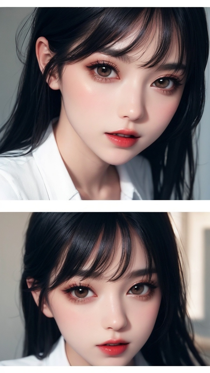 multiple_girls, 2girls, sitting, realistic, black_hair, dress, makeup, lipstick, letterboxed, hair_ornament, looking_at_viewer, long_hair, see-through, lips