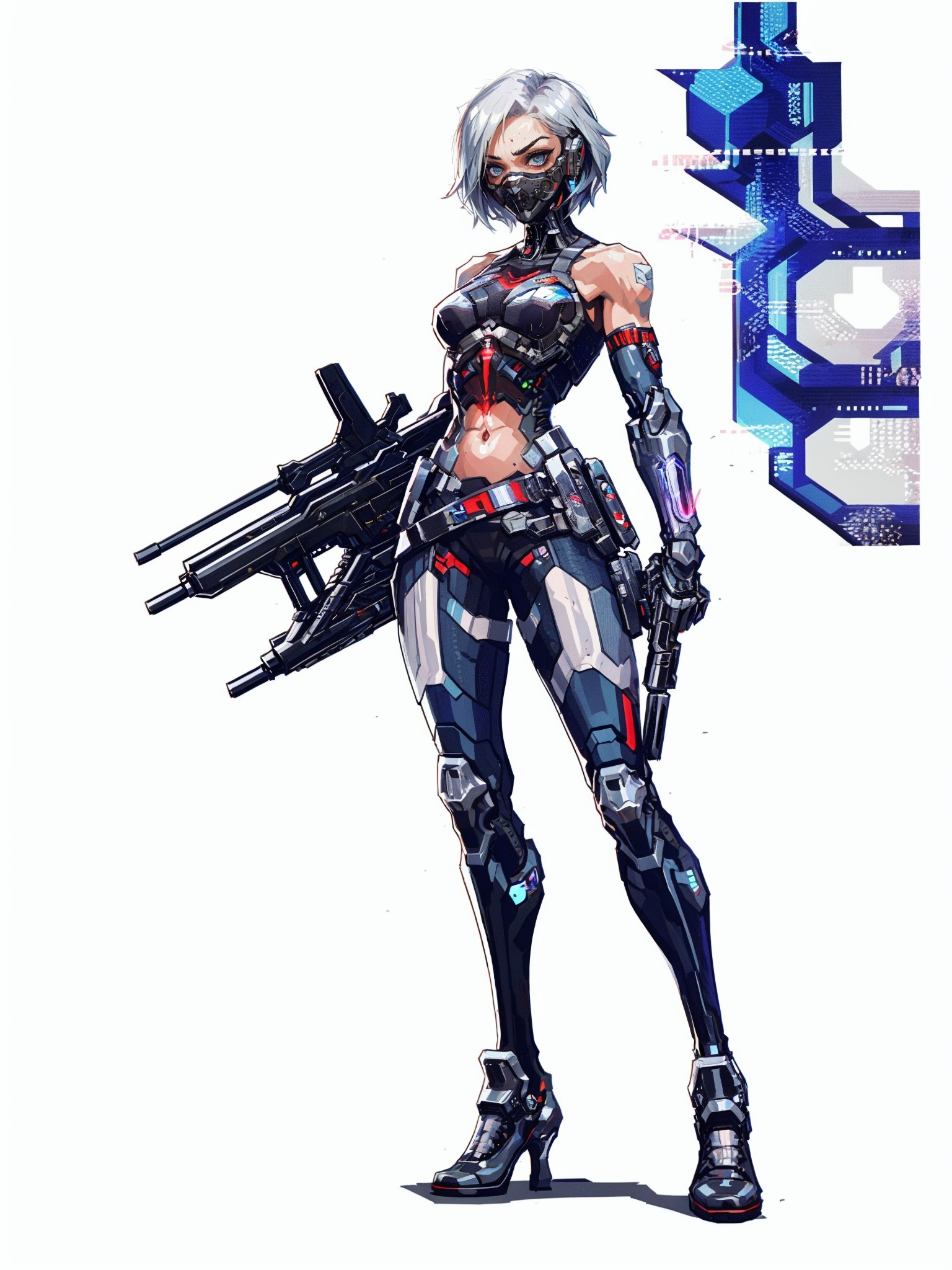 HEZI,Valenlott style,European and American cartoon character design,cutting,dividing,angular,features,(Cyberpunk:1.5),(Character design:1.2),science fiction,game characters,1girl,solo,weapon,holding weapon,gun,gloves,high heels,full body,holding,boots,jewelry,earrings,breasts,pants,standing,simple background,grey background,holding gun,high heel boots,medium hair,white hair,bare shoulders,bandaid,grey bodysuit,looking at viewer,black gloves,grey eyes,cyberpunk,muscular,bandaid on face,armored boots,arm strap,pouch,black pants,goggles,parted lips,sleeveless,tattoo,short hair,medium breasts,grey hair,bodysuit,cyborg,holster,covered navel,bangs,leotard,muscular female,grey footwear,grey gloves,respirator,tight,blue eyes,rifle,armor,sword,white background,knife,prosthesis,closed mouth,skin tight,knee boots,mask,belt,mask around neck,large breasts,long hair,<lora:欧美卡通人物设计V2版本-000012:0.7>,