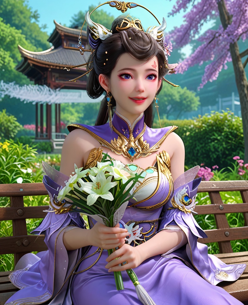 (oriental architecture, elegant decor, sophisticated style:1.1),(Sitting on a park bench, holding a bouquet of flowers, with a smile of joy and gratitude,:1.1),(breasts:1.2),<lora:XL师兄啊狐狸精小兰:0.95>,miss xiaolan,purple tight dress,forehead butterfly mark,mole under right eye,black hair,twintails,hair bun,blue eyes,bare shoulders,earrings,jewelry,hair ornament,blue gemstone,detached sleeves,shawl,, score_9,score_8_up,score_7_up,score_6_up,score_5_up,score_4_up,3d rendering,tag1,tag2, Cinematic Lighting,backlighting,