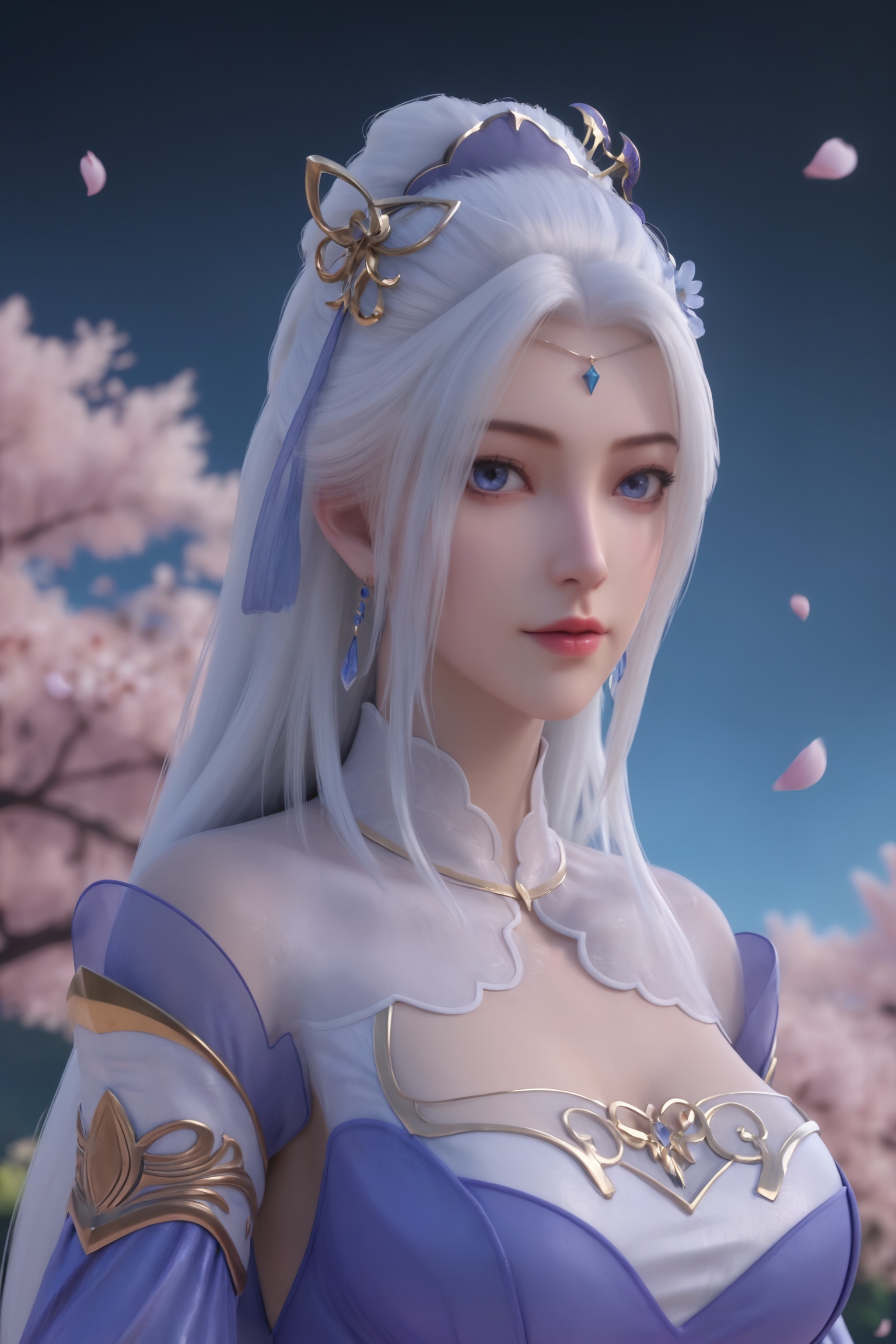 <lora:仙武传-楚萱儿Pony:0.8>,1girl,long,straight,silver-white hair,headpiece,blue eyes,flowing,high-collared,off-the-shoulder lavender and gold dress,elegant embroidery,high slit,masterpiece,best quality,solo,1girl,upper body,petals,looking at viewer,moon,branch,cherry blossoms,flower,extreme aesthetic,(quasarcake:0.7),masterpiece,best quality,good quality,newest,very aesthetic,absurdres,A shot with tension,(Visual impact,giving the poster a dynamic and visually striking appearance:1.2),impactful picture,offcial art,colorful,splash of color,movie perspective,