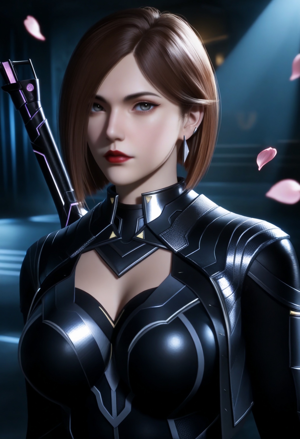 masterpiece,best quality,amazing quality,very aesthetic,high resolution,ultra-detailed,absurdres,scenery,photorealistic,(looking at viewer:1.1),upper body,(Dark room:1.3),(moody lighting:1.1),peach blossom,falling petals,(large breasts:0.8),jiangfang,1girl,solo,brown hair,short hair,armor,jewelry,earrings,realistic,grey eyes,cleavage cutout,bodysuit,clothing cutout,red lips,weapon on back,high_heel_boots BREAK photorealistic details,<lora:QQSilljiangfangV1:0.8>,