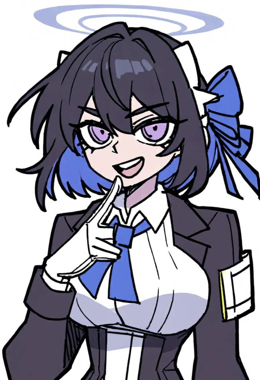 1girl, qk3, halo, black hair, gloves, solo, white gloves, arm behind back, short hair, index finger raised, smile, angel, open mouth, breasts, shirt, purple eyes, cross, ribbon, eyebrows hidden by hair, sidelocks, finger to mouth, headgear, looking at viewer, collared shirt, teeth, :d, blue neckwear, blue ribbon, black jacket, hair between eyes, jacket, long sleeves, white background, large breasts, buttons, hand on own chest, blush, simple background, upper body, mechanical halo,an illustration by the artist yamoge, known for their distinctive style in character design and vibrant colors. The artwork features a young girl with long black hair that partially covers her face, which is highlighted by a pair of blue ribbons tied into bows on her head. She has striking purple eyes and appears to be looking directly at the viewer with an open-mouth expression. The background is simple and white, ensuring that the focus remains on the character. This piece seems to be part of the "Blue Archive" series or project related to "Blue Archive," possibly depicting characters from this popular anime or manga universe.masterpiece, best quality, newest, absurdres, safe <lora:okra_v2.5-000030:1>