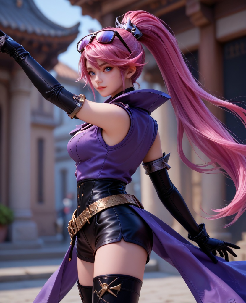 (oriental architecture, elegant decor, sophisticated style:1.1),(arms outstretched:1.1),(large breasts:1.2),<lora:XL16王者荣耀孙尚香杀手不太冷:0.95>,miss sunshangxiang,violet vest,black shorts,blue eyes,ponytail,violet dip-dye for pink hair,absurdly long hair,eyewear on head,black elbow gloves,black thigh boots,belt,medium breasts,, score_9,score_8_up,score_7_up,score_6_up,score_5_up,score_4_up,3d rendering,tag1,tag2, Cinematic Lighting,backlighting,, zPDXL3, zPDXL2,zPDXL, zPDXLxxx, zPDXLrl,