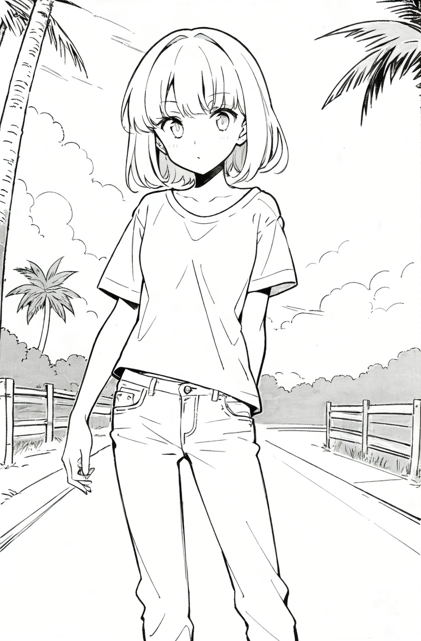 masterpiece,best quality,high quality,highres,1girl,lineart,palm tree,path,jeans,t-shirt,monochrome,short hair,cloud,