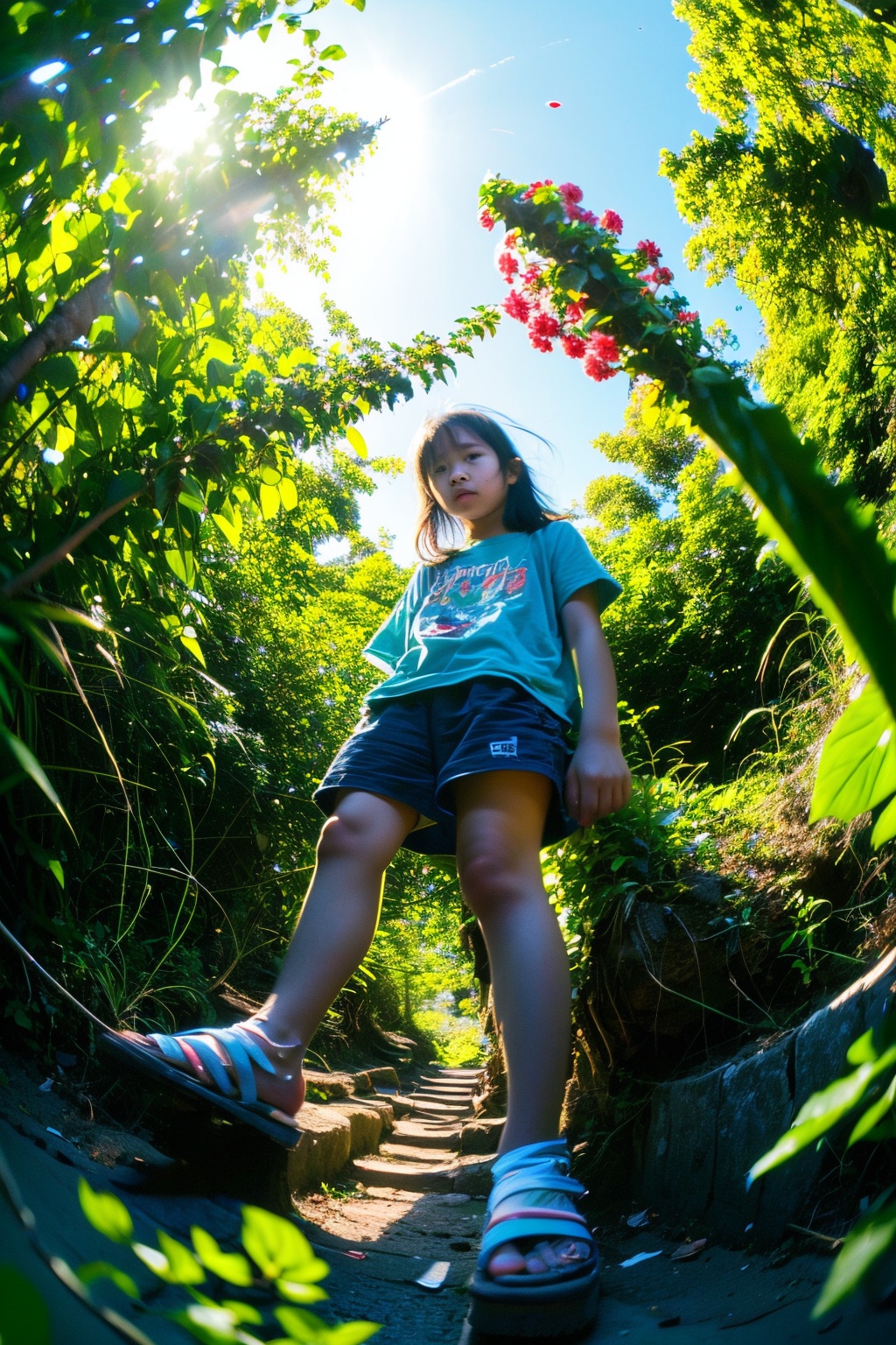 (masterpiece,best quality),1 Girl,(full body:1.2),(in blue lush jungle with flowers and birds:1.2),3d render,cgi,symetrical,35mm,(intricate details:1.12),HDR,(intricate details,hyperdetailed:1.15),natural skin texture,hyperrealism,soft light,(sharp:1.3),(buy: 0.7),((outdoor)),(Wet body:0.8),(blur background:1.2),bokeh,(realistic lighting:1.3),(film noise:0.8),(film grain:0.8),((background defocused)):1.2,(child:0.7),(loli:1.2),(10yo:1.2),(slouth, 0.7), im,(thin:1.1),yellow short pants,(long leg:1.3),(from below:0.9),bare foot,thong,fisheye lens,super wide angle view,