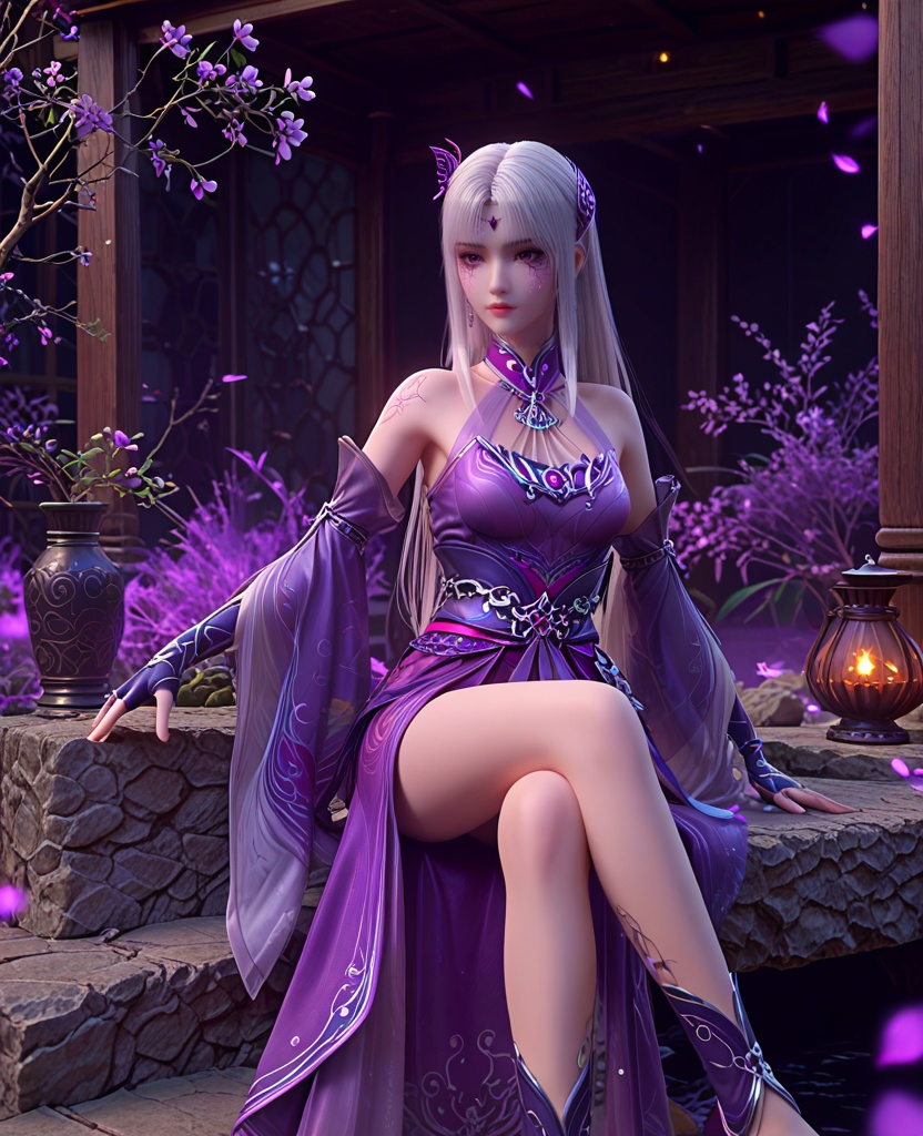 (oriental architecture, elegant decor, sophisticated style:1.1),(Sitting on a rock, gazing at the stars, with a sense of awe and wonder for the universe,:1.1),(breasts:1.2),<lora:XL斗破苍穹小医仙P:0.85>,elder sister,purple dress,white hair,bangs,hair ornament,bare shoulders,brown eyes,purple veil,jewelry,fingerless gloves,blue footwear,sash,(facial tattoo:1.2),(cracked skin:1.2),purple eyes,, score_9,score_8_up,score_7_up,score_6_up,score_5_up,score_4_up,3d rendering,tag1,tag2, Cinematic Lighting,backlighting,