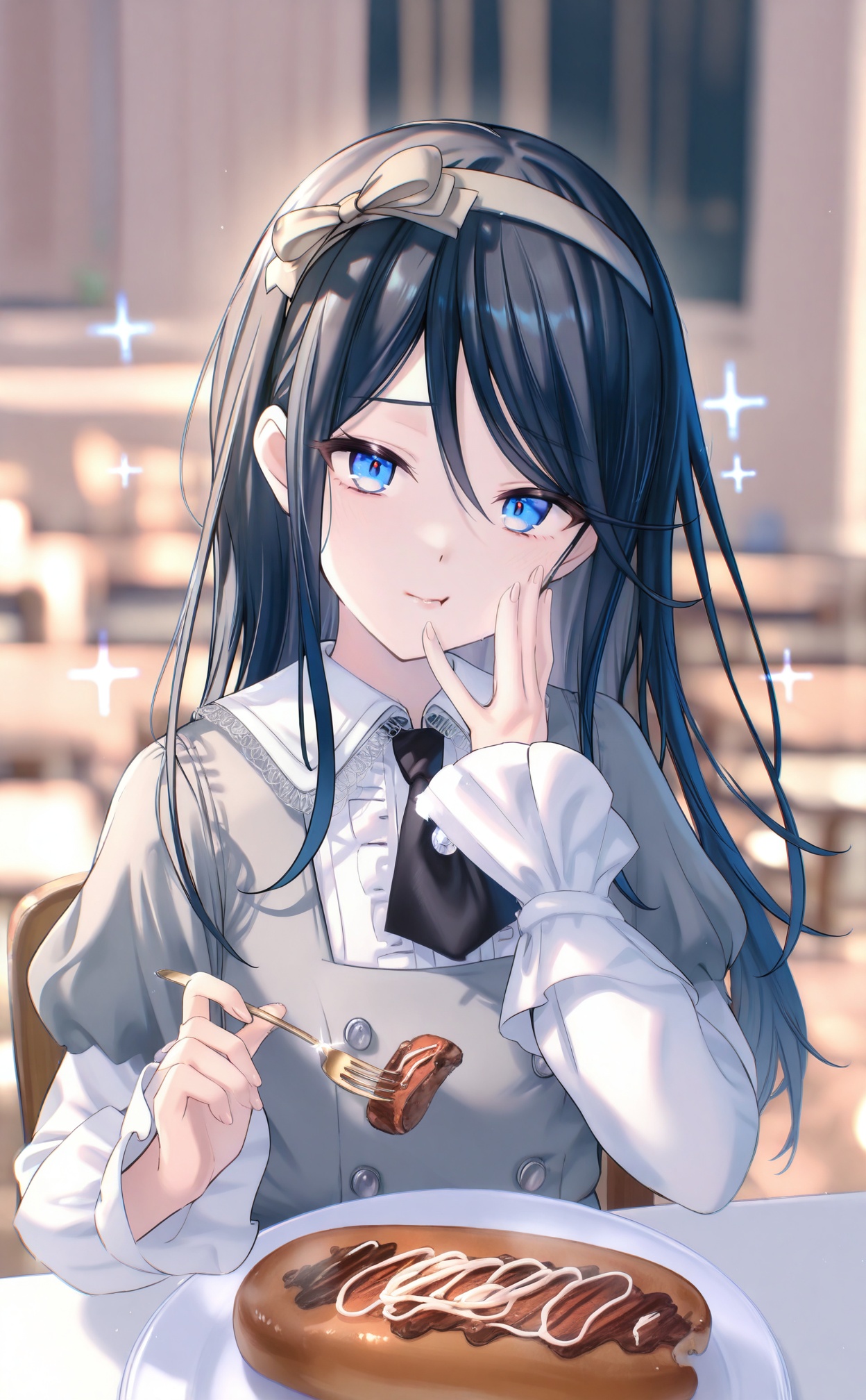 masterpiece,absurdres,best quality,high quality,chromatic_aberration,//,1girl,solo,holding_fork,fork,dress,blurry_background,holding,hand_on_own_face,black_hair,food,long_sleeves,frills,blurry,hairband,eating,sleeveless_dress,sleeveless,long_hair,puffy_sleeves,looking_at_viewer,shirt,black_ascot,pinafore_dress,closed_mouth,upper_body,blue_eyes,white_shirt,collared_shirt,hand_on_own_cheek,ascot,buttons,plate,sitting,hair_between_eyes,frilled_sleeves,center_frills,sparkle,grey_dress,chair,indoors,bow_hairband,necktie,frilled_dress,juliet_sleeves,depth_of_field,table,pov_across_table,swept_bangs,puffy_long_sleeves,ribbon,steak,//,//,<lora:timmoo——【CKXL】hans:1>,