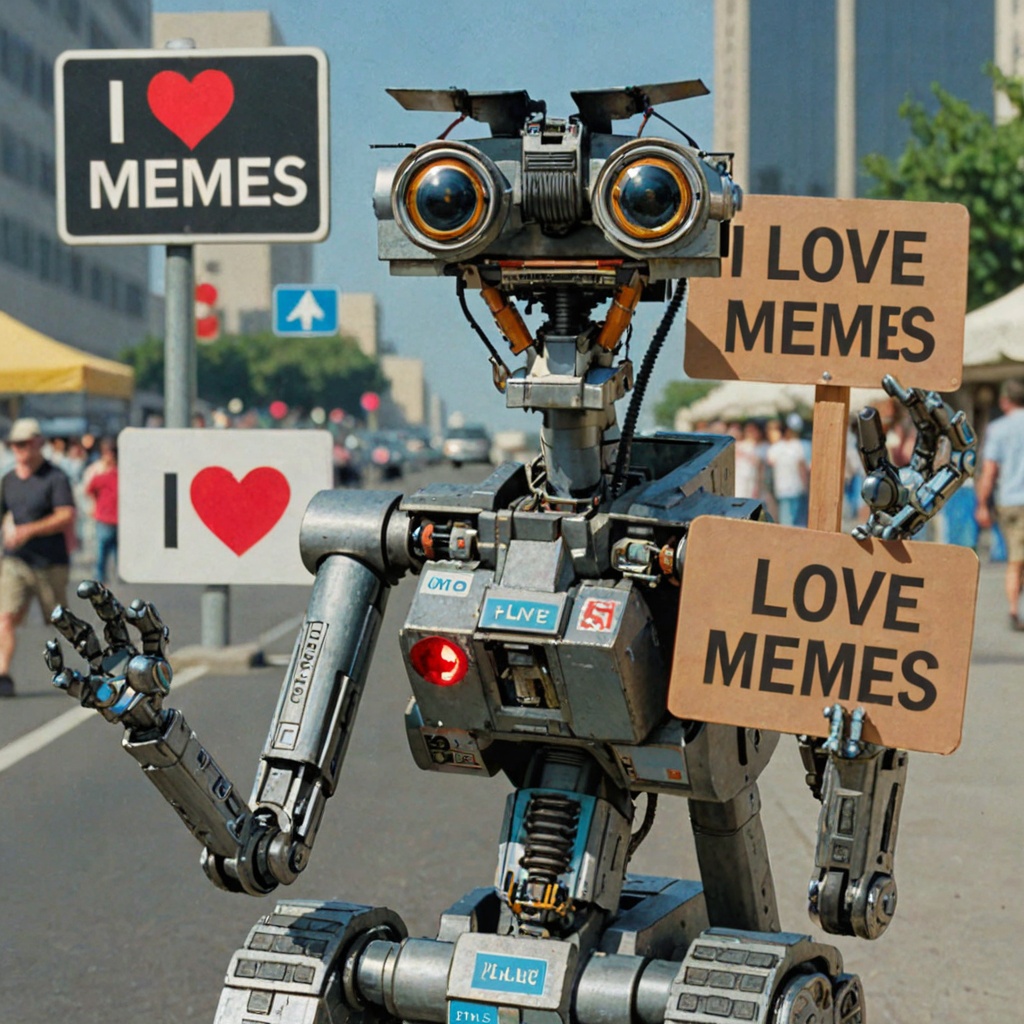 Photo of Johnny5 in matrix with a sign saying "i love memes xl" on Tensor.Art