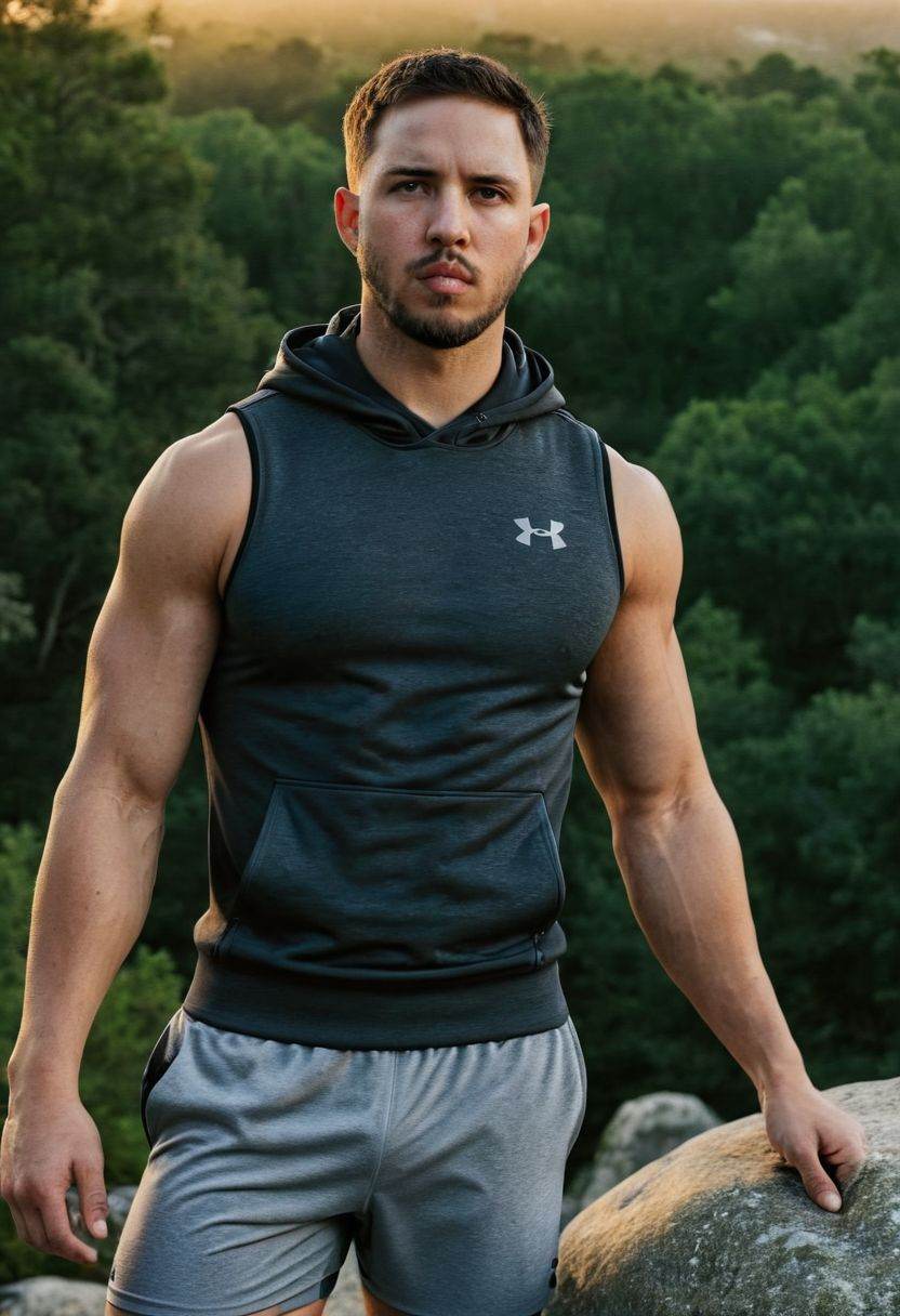 photo of Maluma a man ,  wearing a sleeveless well-fitted under armour hoodie and compression shorts,  standing on a bould...
